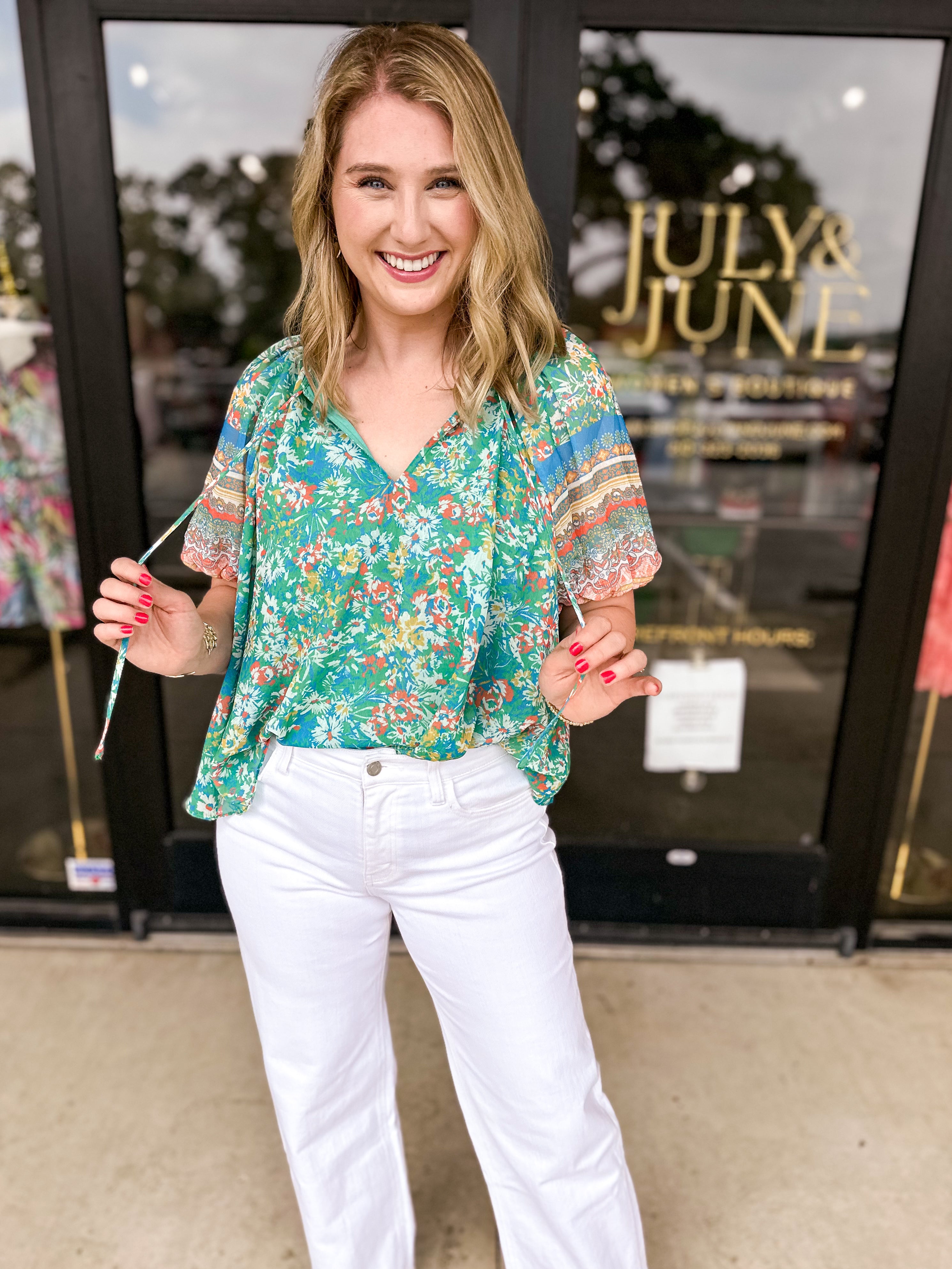 Current Air - Green Garden Floral Blouse-200 Fashion Blouses-CURRENT AIR CLOTHING-July & June Women's Fashion Boutique Located in San Antonio, Texas