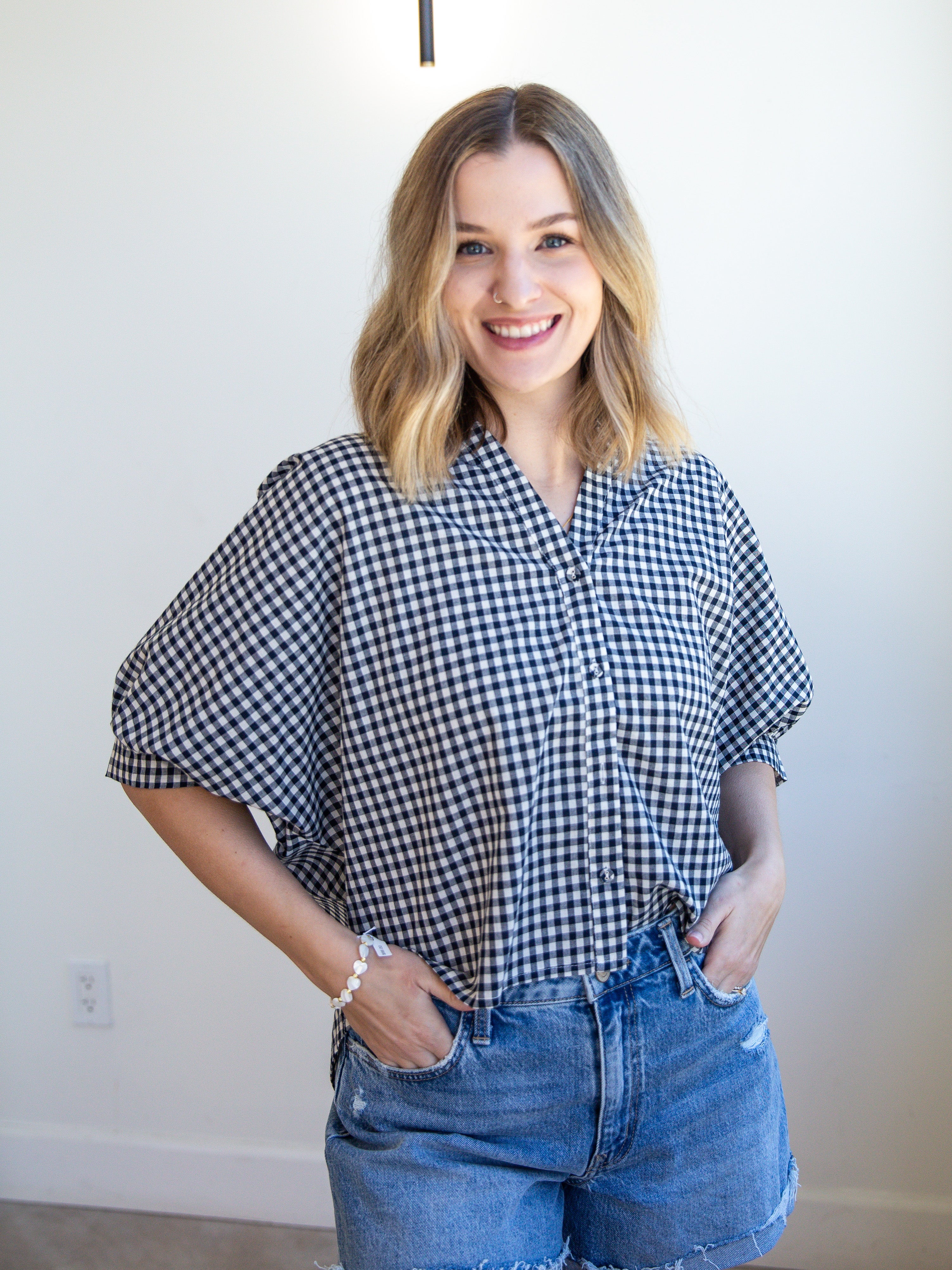 Gingham Sweetheart Blouse - Navy-200 Fashion Blouses-ALLIE ROSE-July & June Women's Fashion Boutique Located in San Antonio, Texas