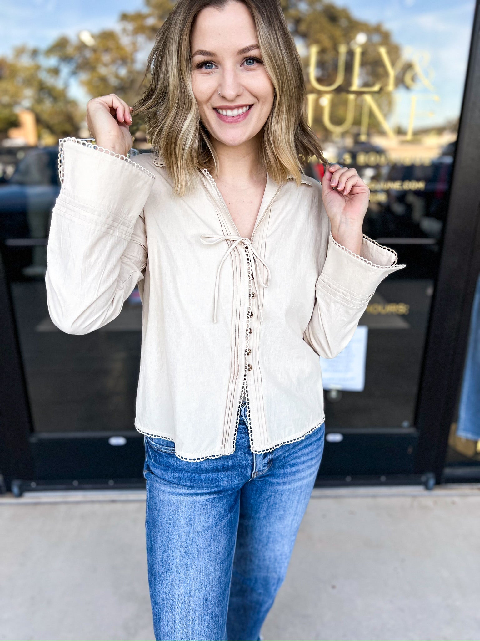 Cream Crochet Blouse-200 Fashion Blouses-ABLE-July & June Women's Fashion Boutique Located in San Antonio, Texas