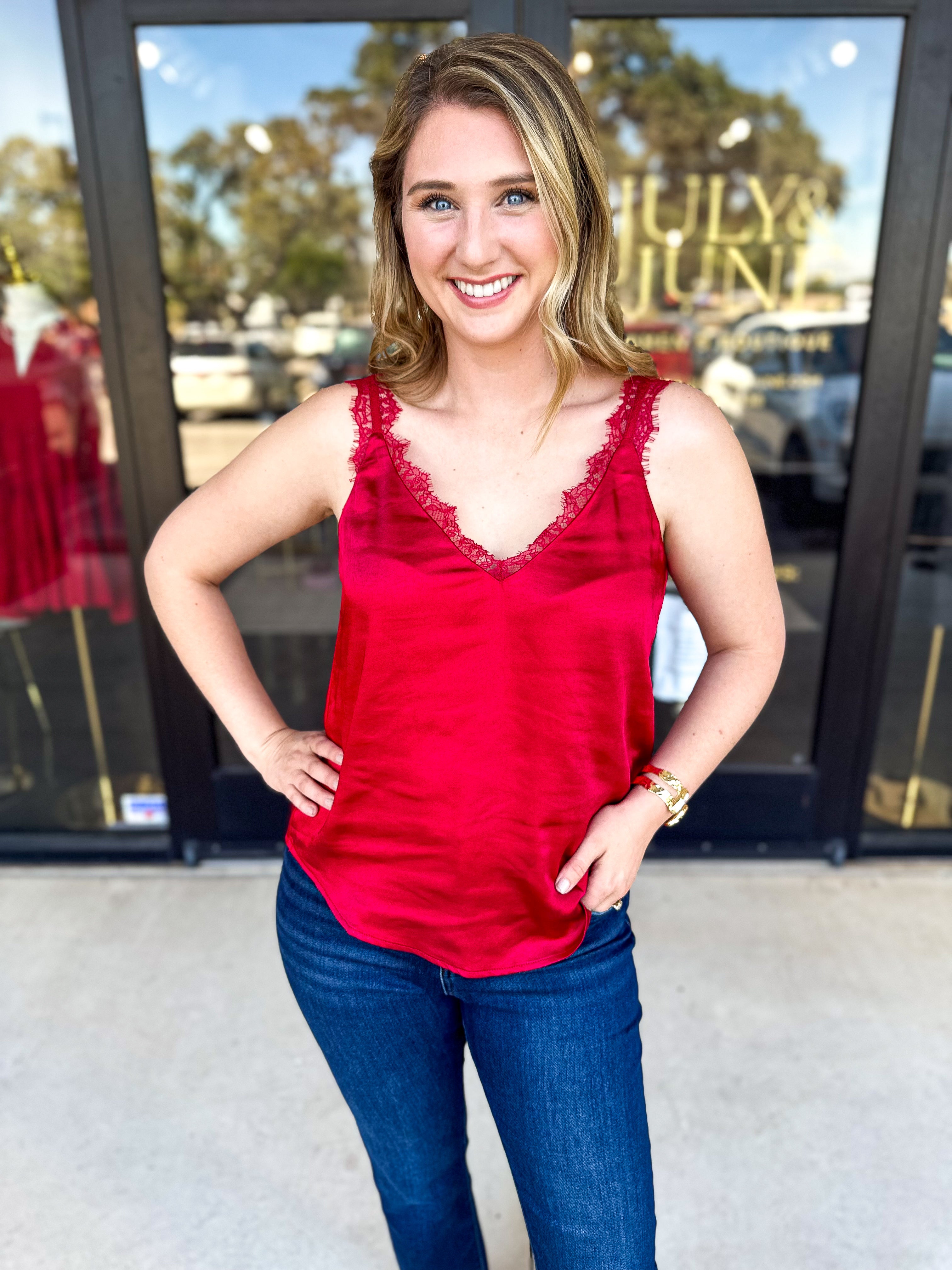 Elegance Lace Cami - Ruby-200 Fashion Blouses-SKIES ARE BLUE-July & June Women's Fashion Boutique Located in San Antonio, Texas