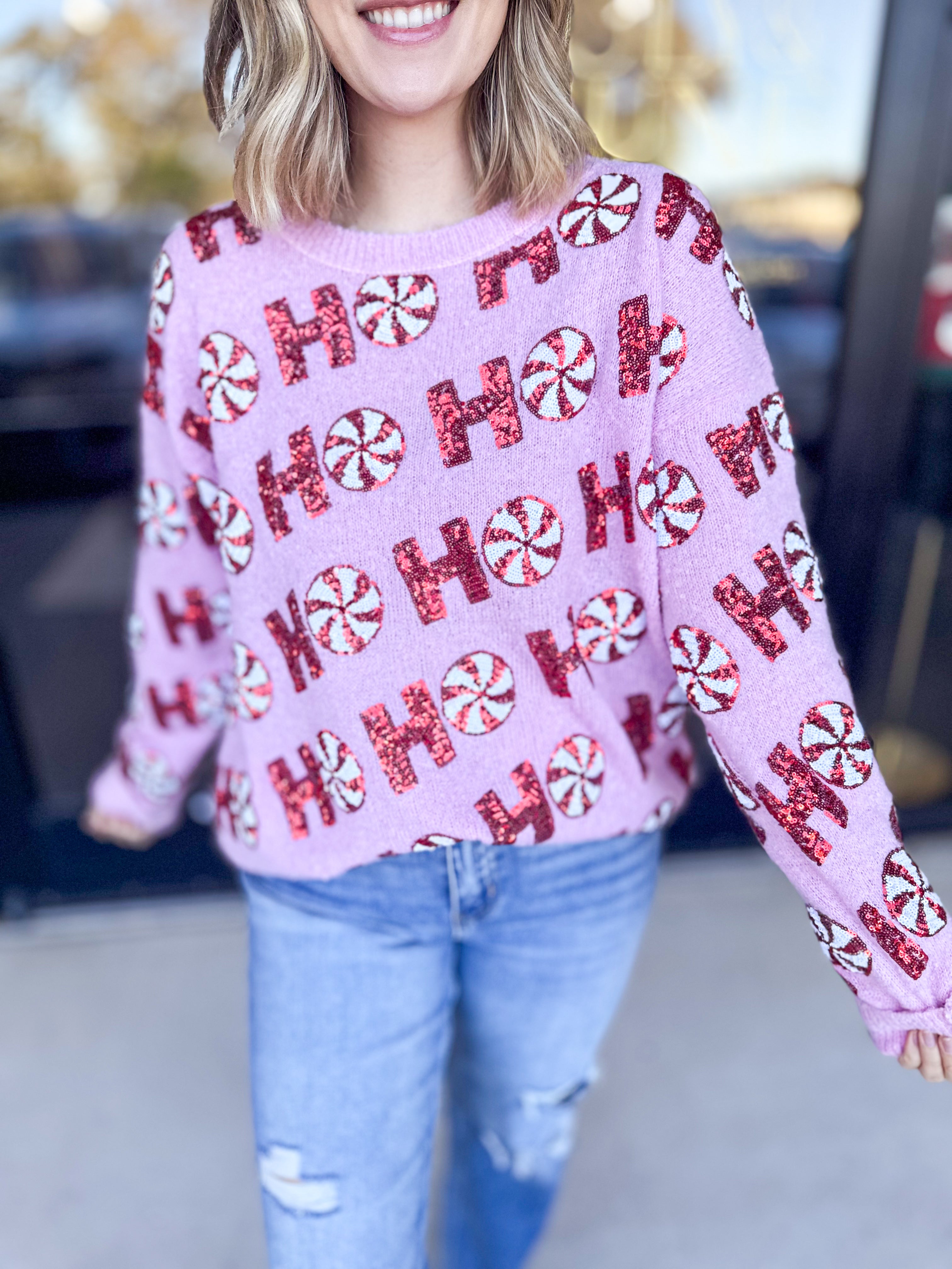 HO HO HO Candy Cane Sweater-230 Sweaters/Cardis-FANTASTIC FAWN-July & June Women's Fashion Boutique Located in San Antonio, Texas