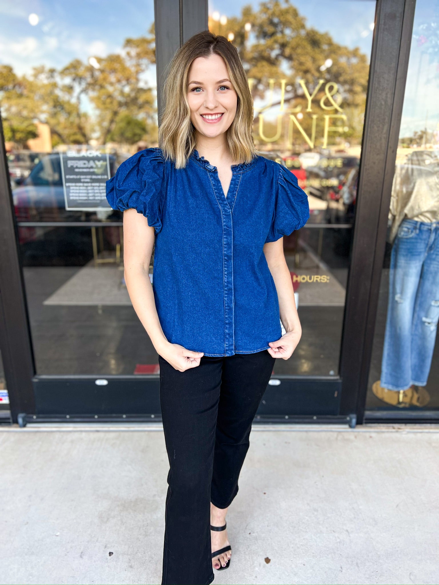 Puff Sleeve Denim Blouse-200 Fashion Blouses-SUGARLIPS-July & June Women's Fashion Boutique Located in San Antonio, Texas