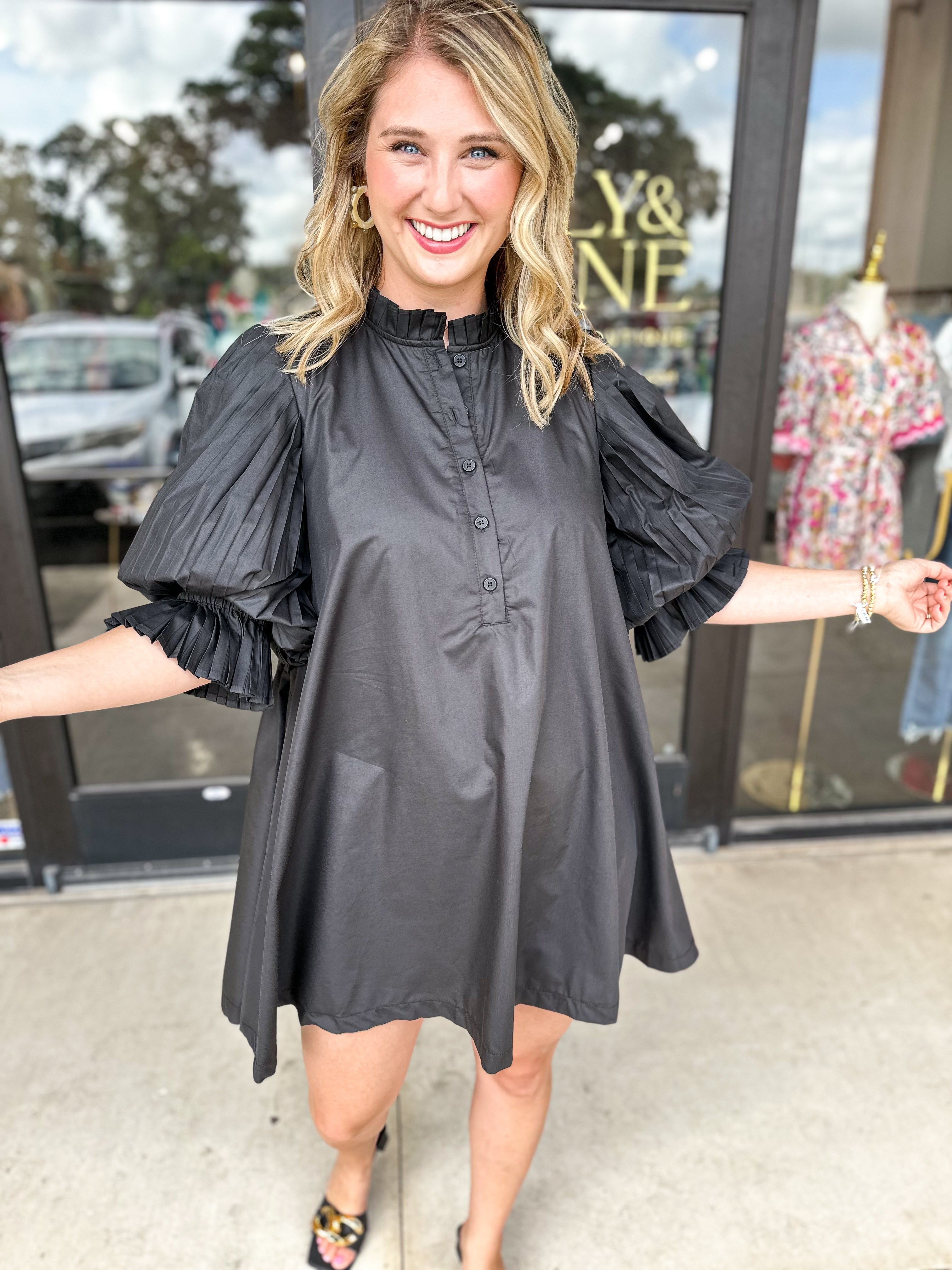 Black Pleated Mini Dress-510 Mini-&MERCI-July & June Women's Fashion Boutique Located in San Antonio, Texas