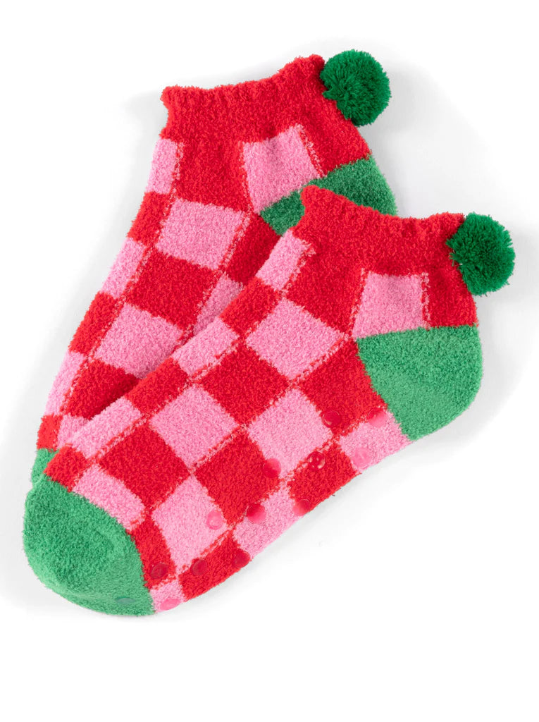 Fuzzy Socks - Pink & Red Checkered-140 Gifts + Home-SHIRALEAH-July & June Women's Fashion Boutique Located in San Antonio, Texas