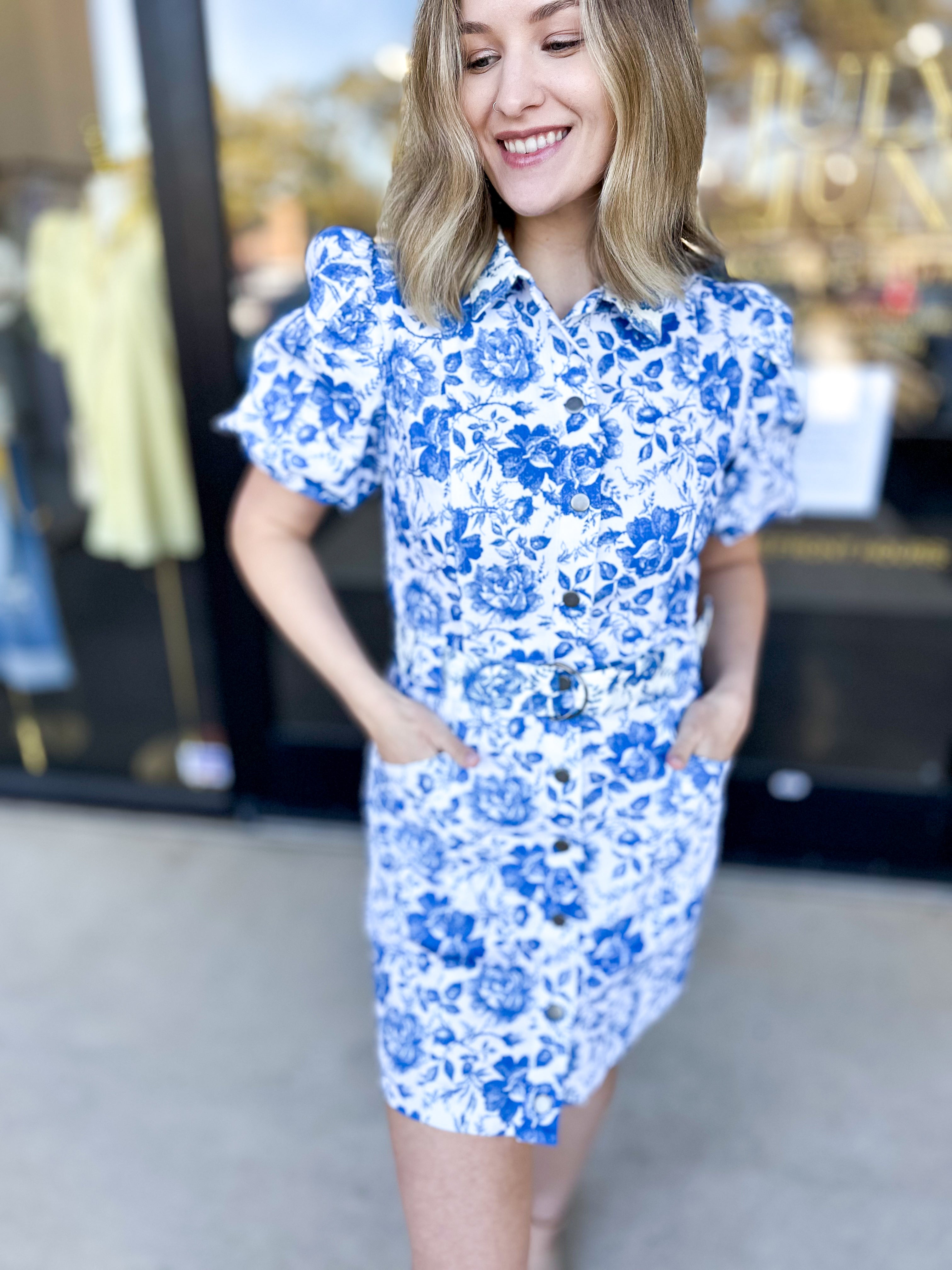 Classic Blue Floral Mini Dress-510 Mini-FATE-July & June Women's Fashion Boutique Located in San Antonio, Texas