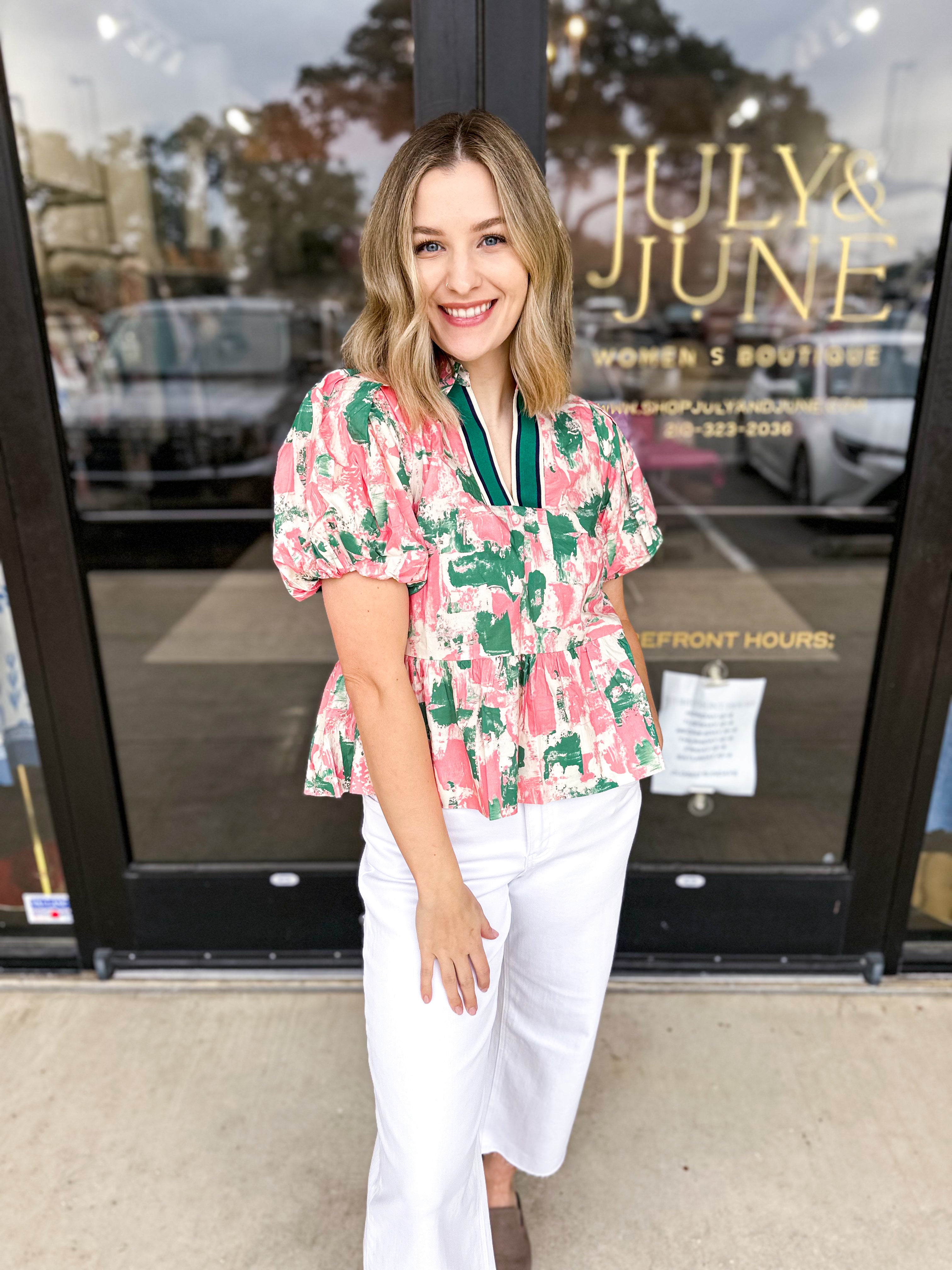 Peplum Chic Blouse - Green Combo-200 Fashion Blouses-ENTRO-July & June Women's Fashion Boutique Located in San Antonio, Texas