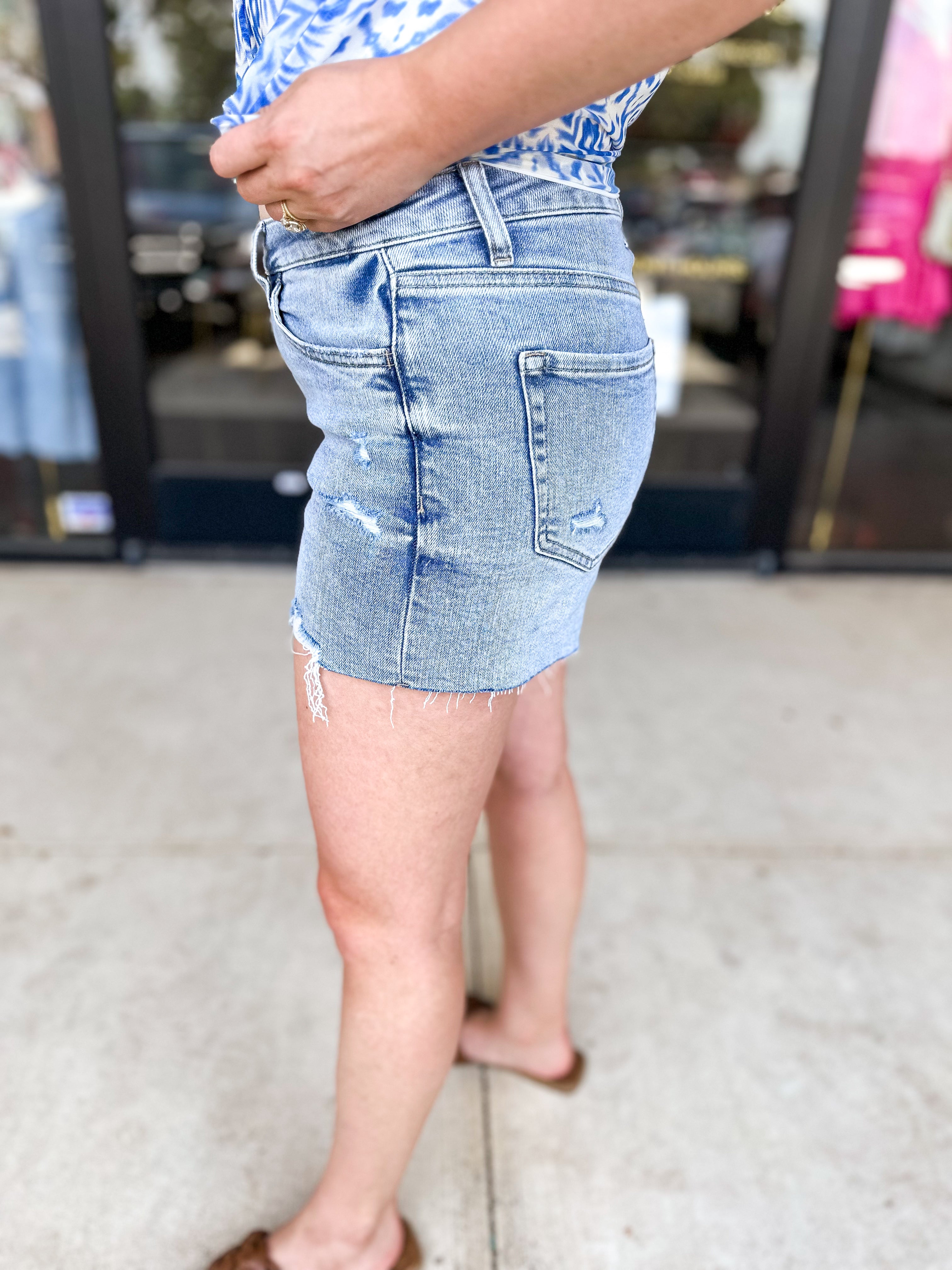 Vervet - Mid Rise Raw Hem Denim Shorts-410 Shorts/Skirts-VEVERT BY FLYING MONKEY-July & June Women's Fashion Boutique Located in San Antonio, Texas