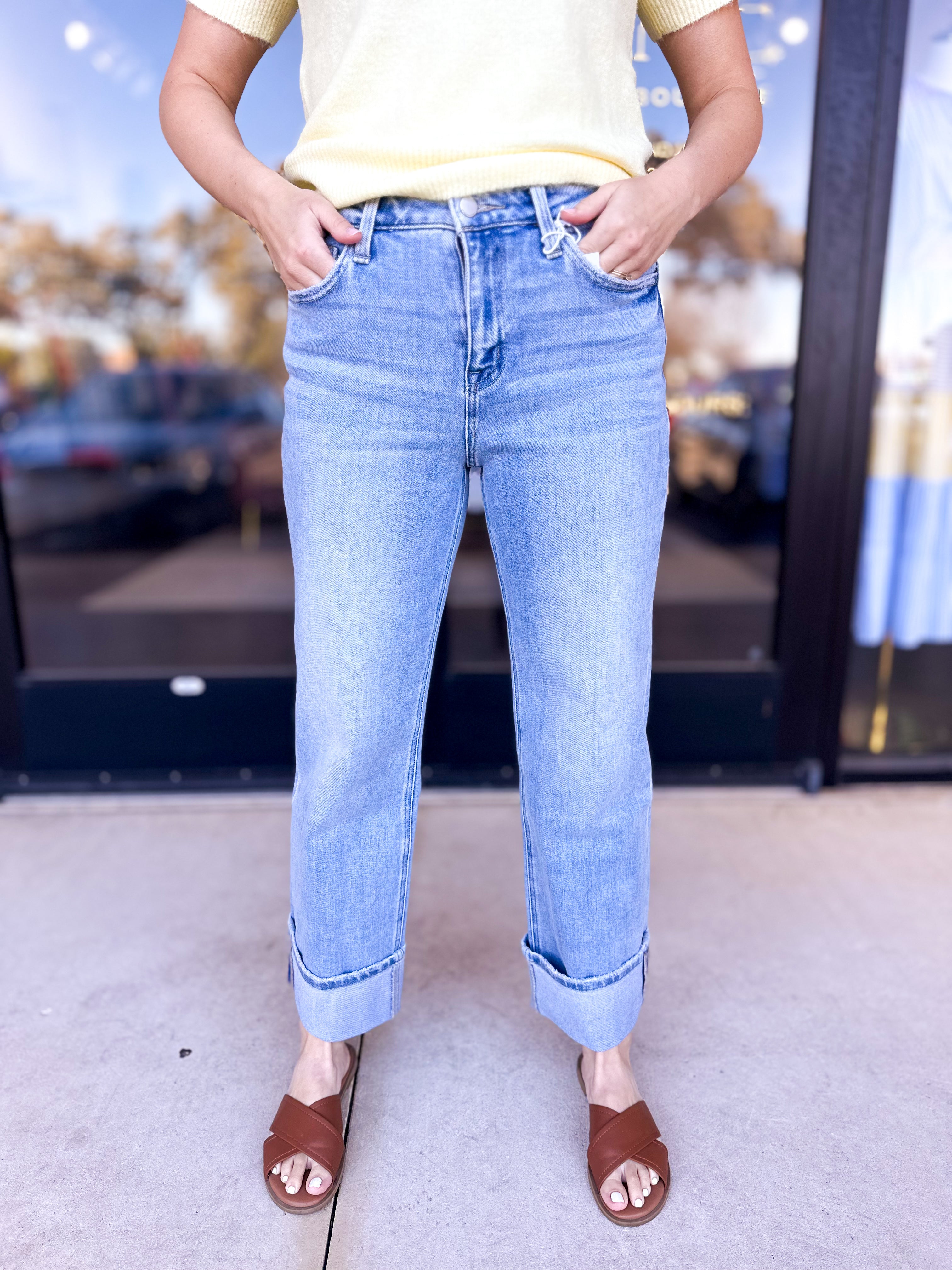 Vervet - Cuffed High Rise Slim Wide Leg Jeans-400 Pants-VEVERT BY FLYING MONKEY-July & June Women's Fashion Boutique Located in San Antonio, Texas