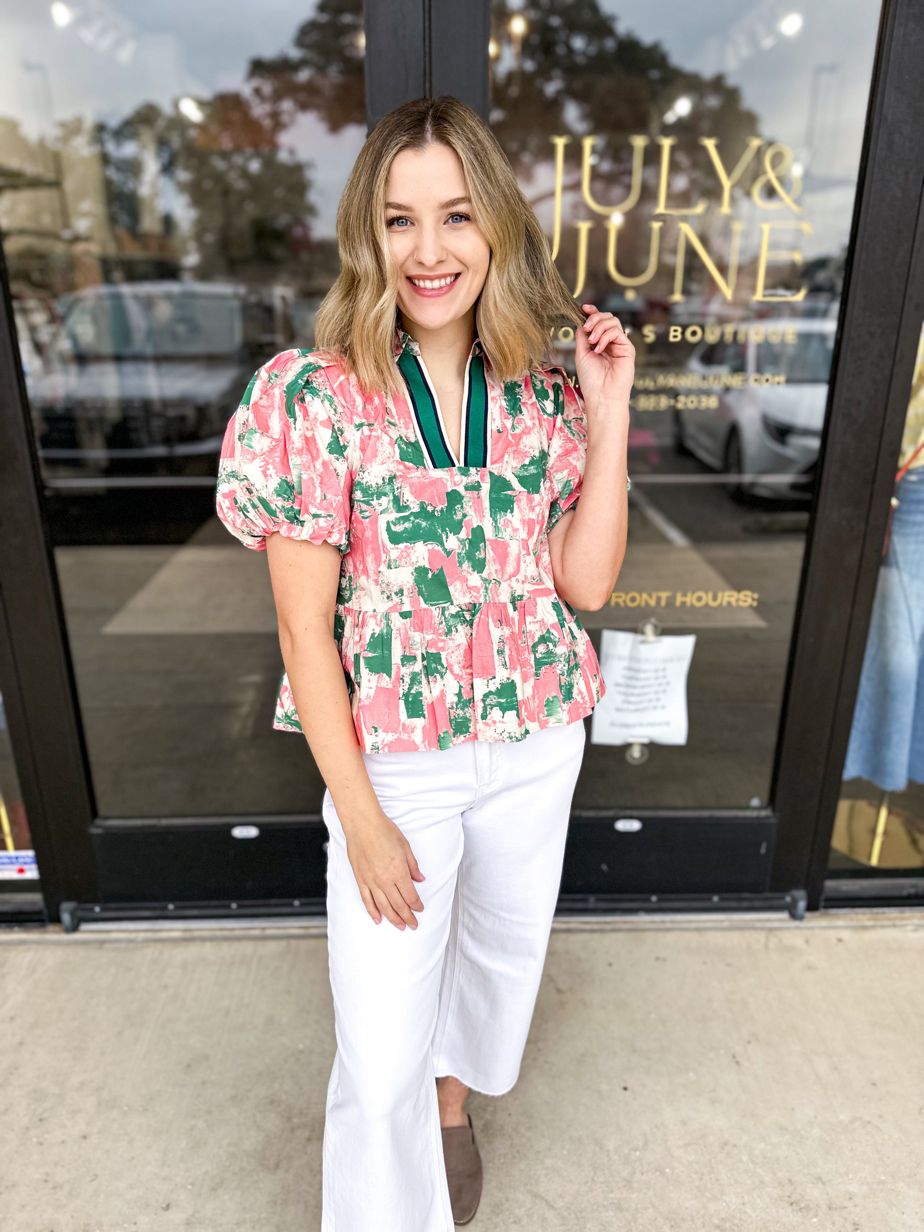 Peplum Chic Blouse - Green Combo-200 Fashion Blouses-ENTRO-July & June Women's Fashion Boutique Located in San Antonio, Texas