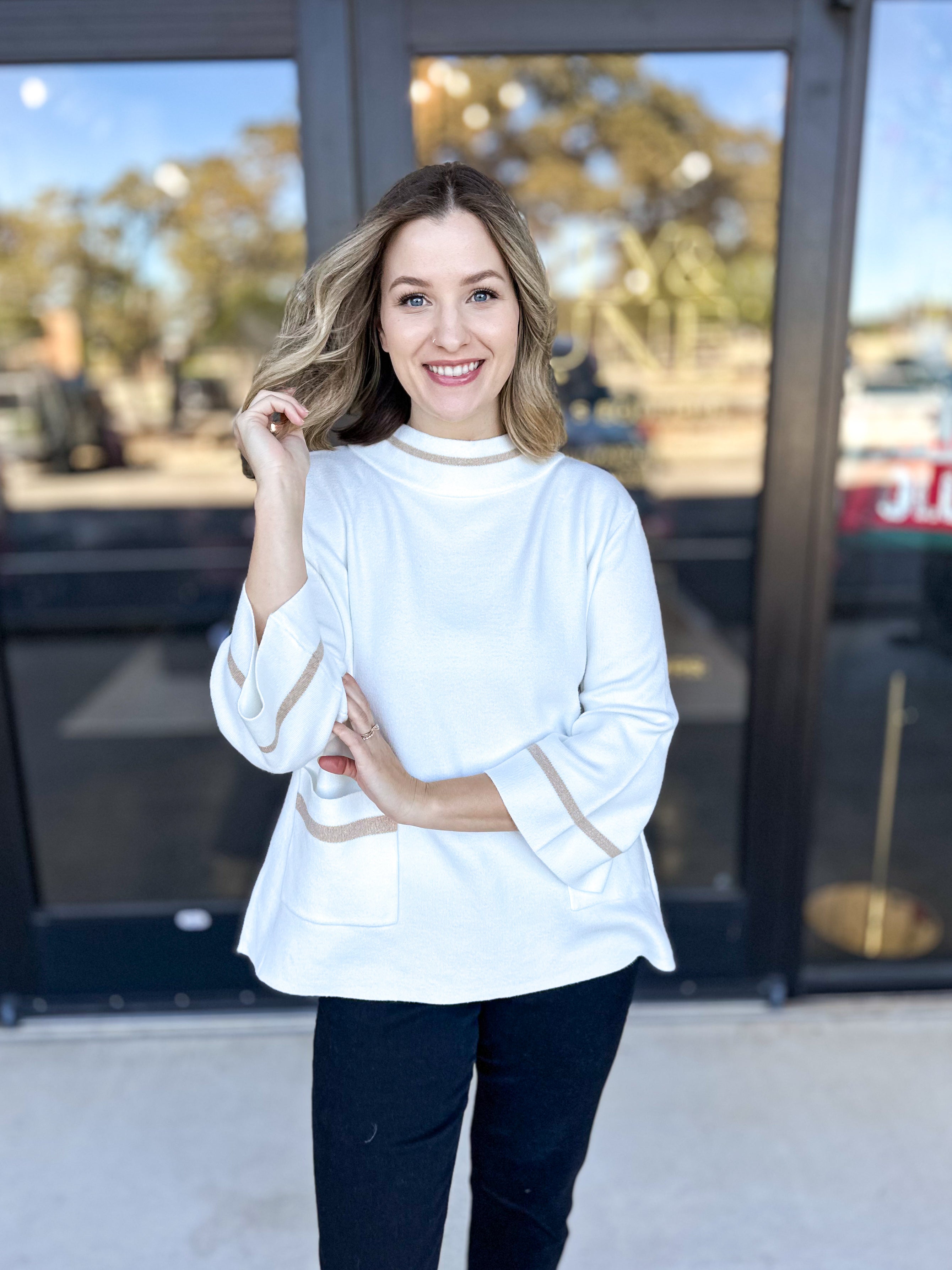 Cream & Gold Detail Sweater Top-230 Sweaters/Cardis-FATE-July & June Women's Fashion Boutique Located in San Antonio, Texas