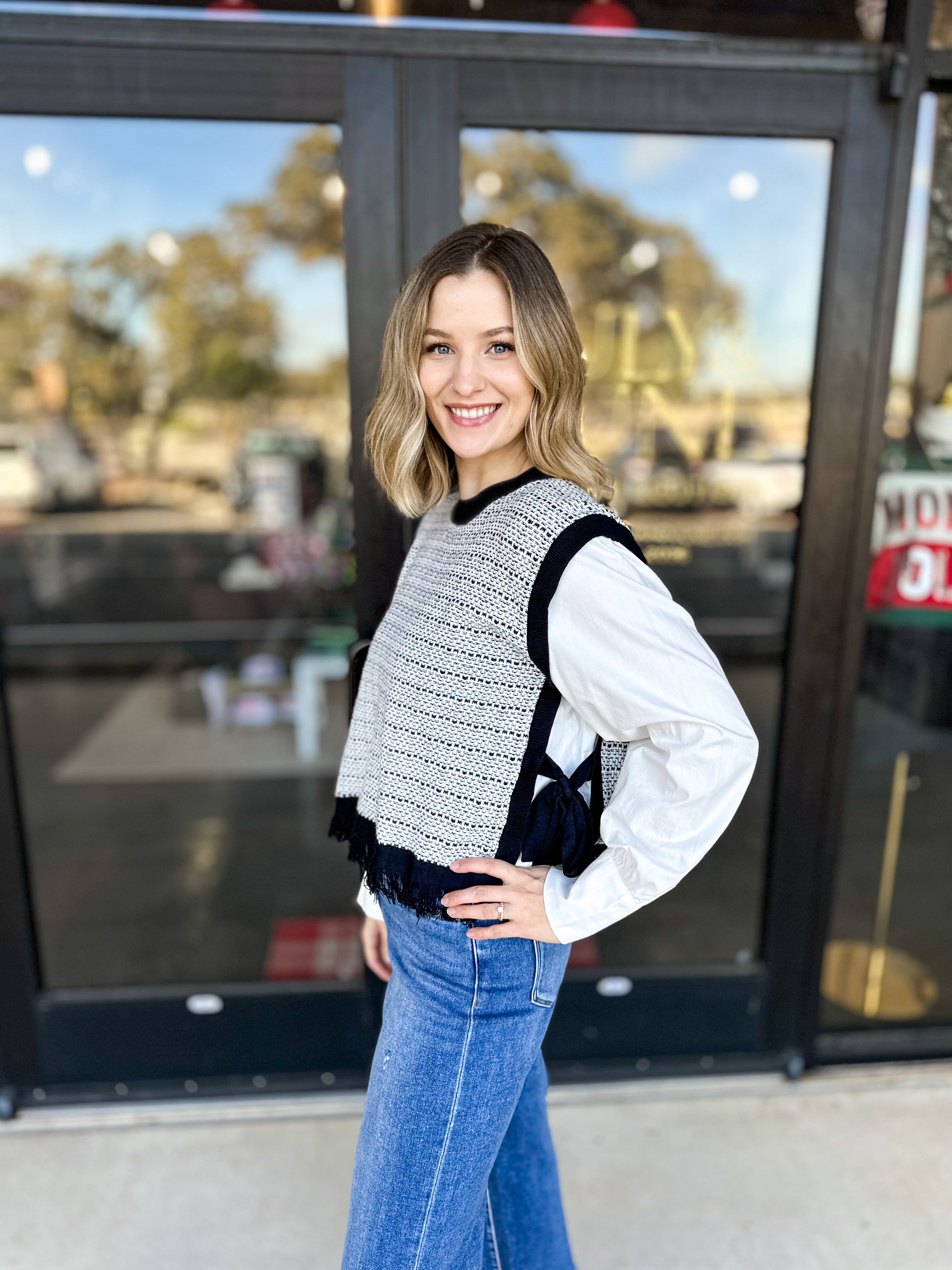 Black & Ivory Layered Vest Blouse-200 Fashion Blouses-PINCH-July & June Women's Fashion Boutique Located in San Antonio, Texas