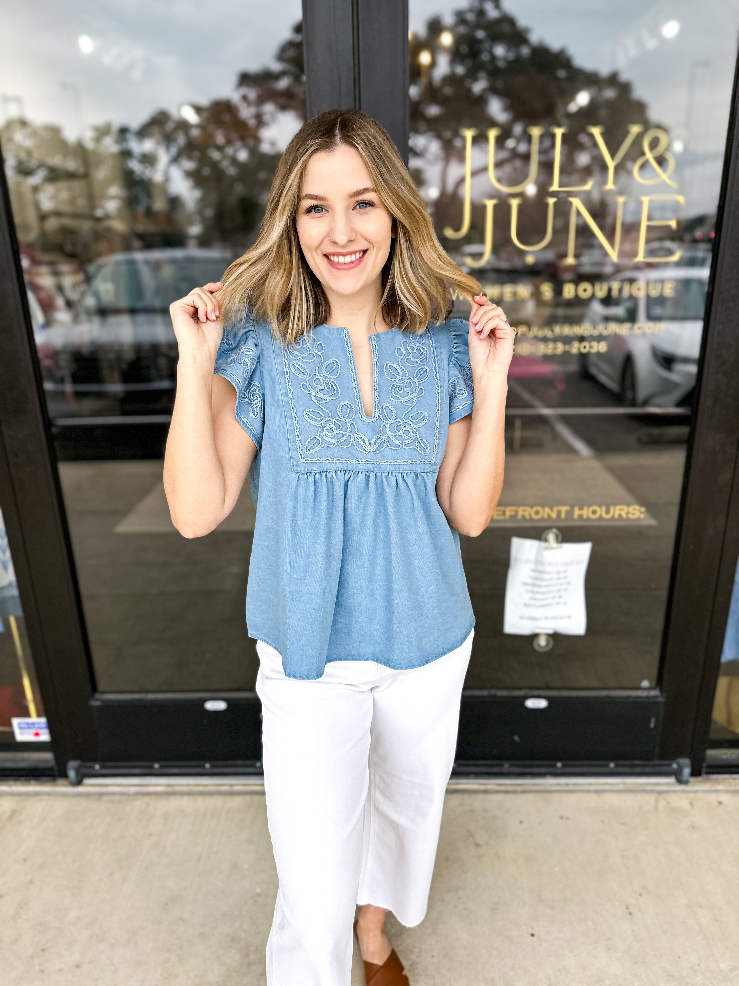 The Magnolia Embroidered Blouse - Light Blue-200 Fashion Blouses-ENTRO-July & June Women's Fashion Boutique Located in San Antonio, Texas