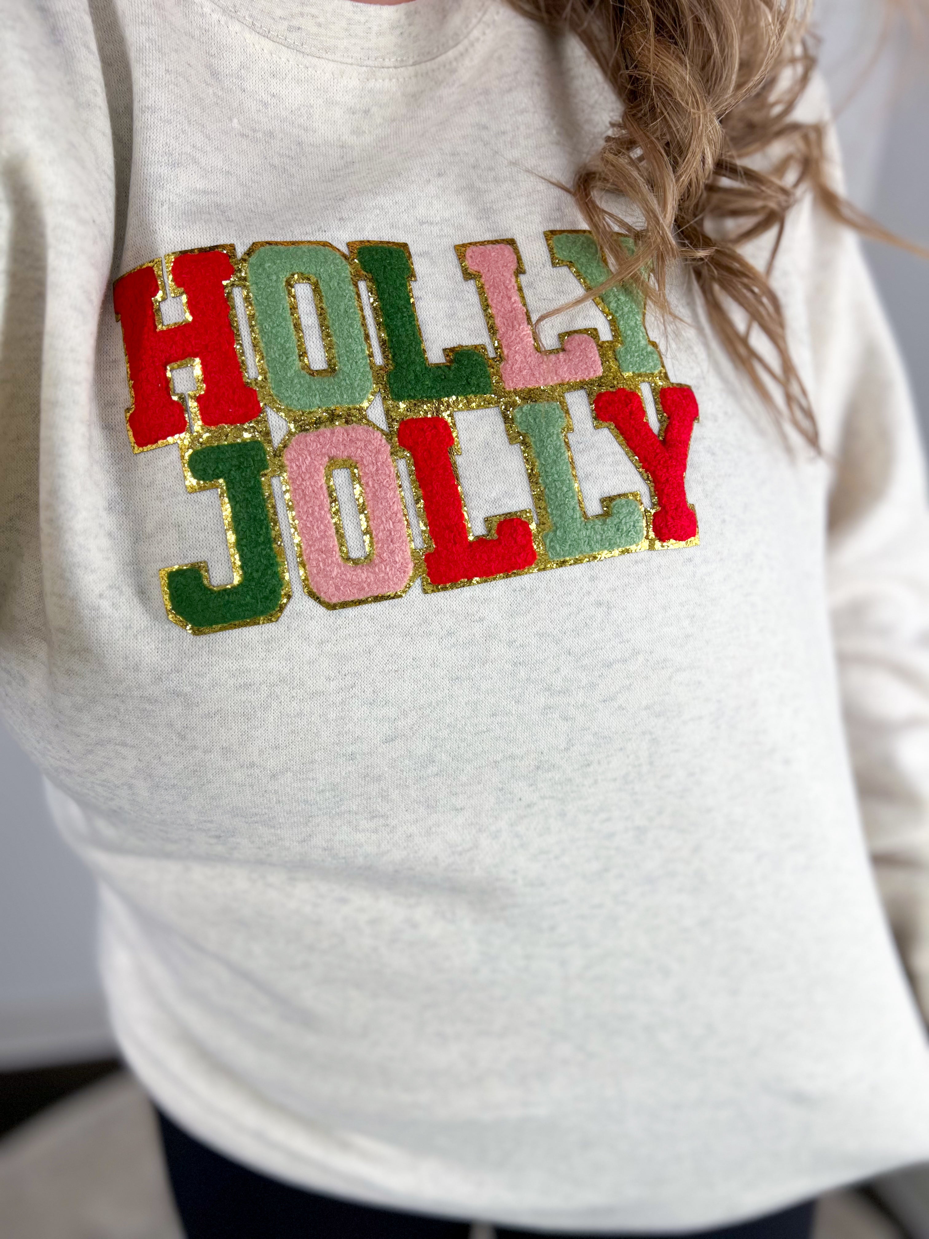 HOLLY JOLLY Patch Letter Pullover-210 Casual Blouses-Sweet Wink-July & June Women's Fashion Boutique Located in San Antonio, Texas