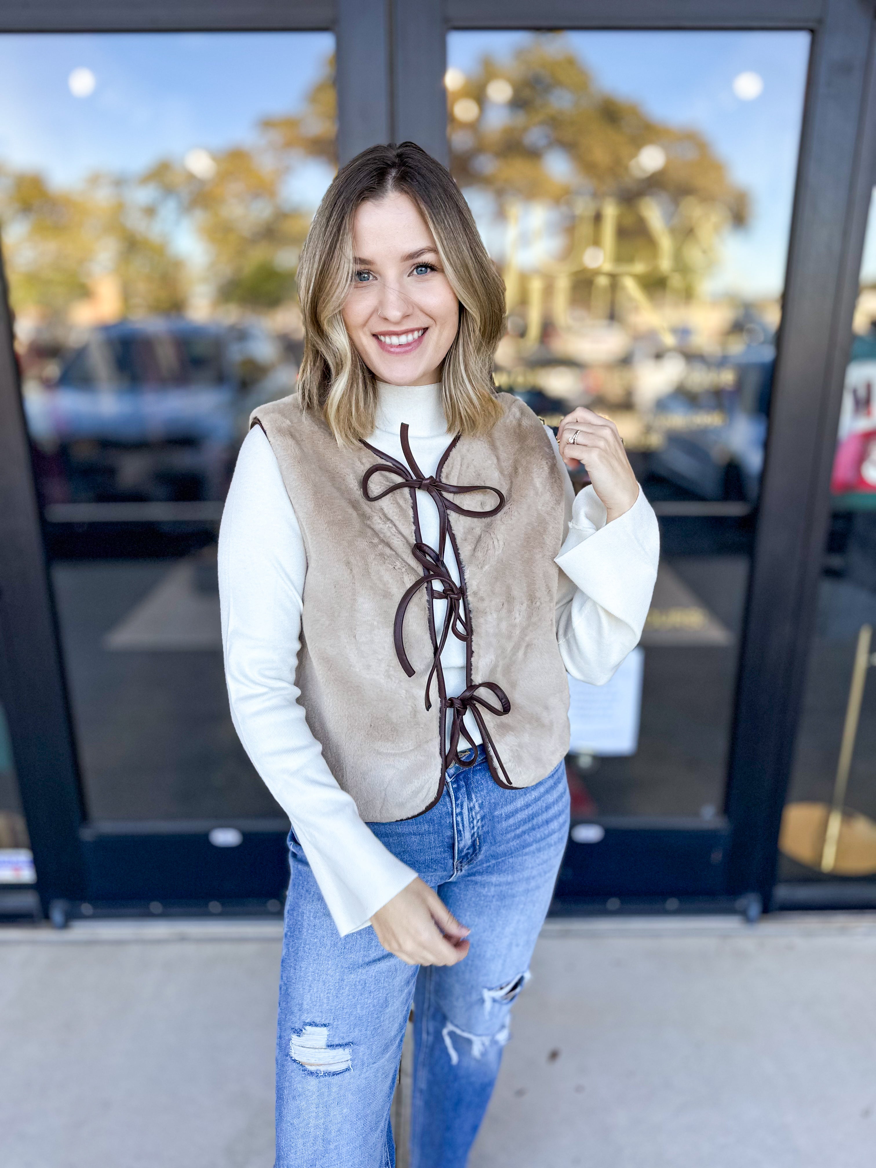 Fuzzy Triple Bow Vest-600 Outerwear-ABLE-July & June Women's Fashion Boutique Located in San Antonio, Texas