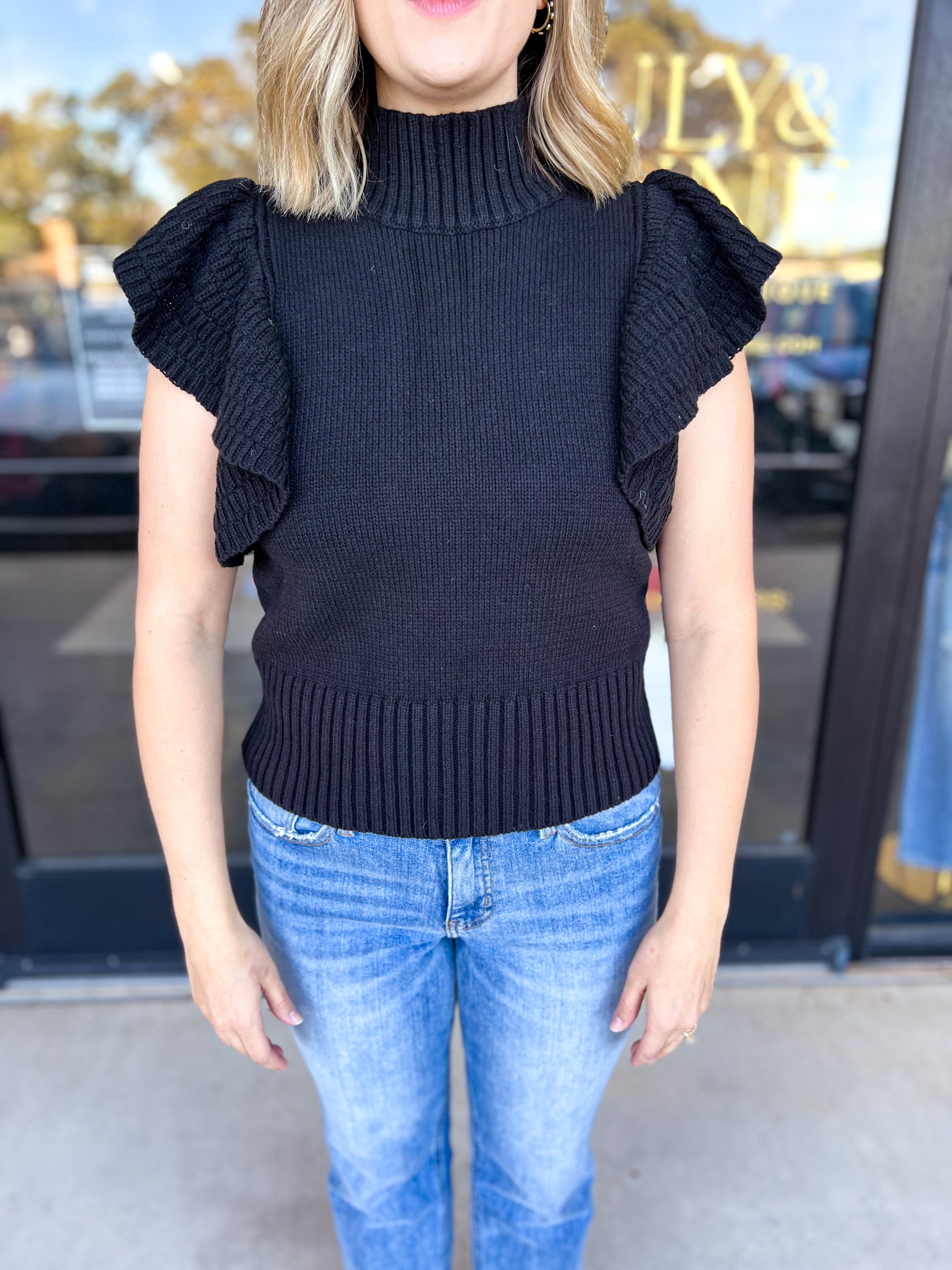 Black Ruffle Short Sleeve Sweater Top-230 Sweaters/Cardis-SUGARLIPS-July & June Women's Fashion Boutique Located in San Antonio, Texas