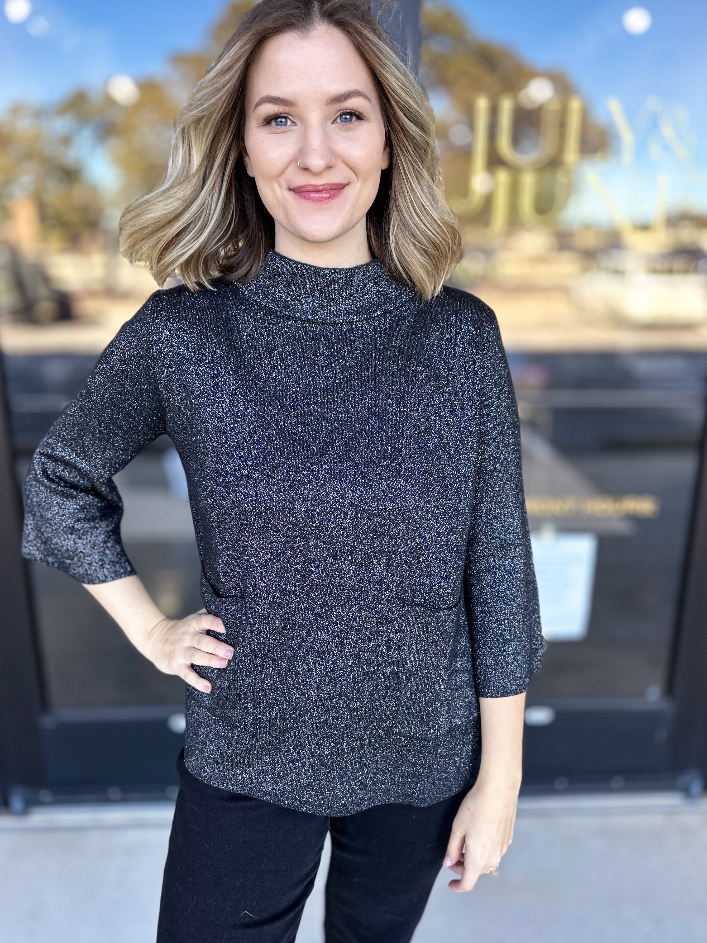 Sparkle Mock Neck Sweater-Black-230 Sweaters/Cardis-FATE-July & June Women's Fashion Boutique Located in San Antonio, Texas