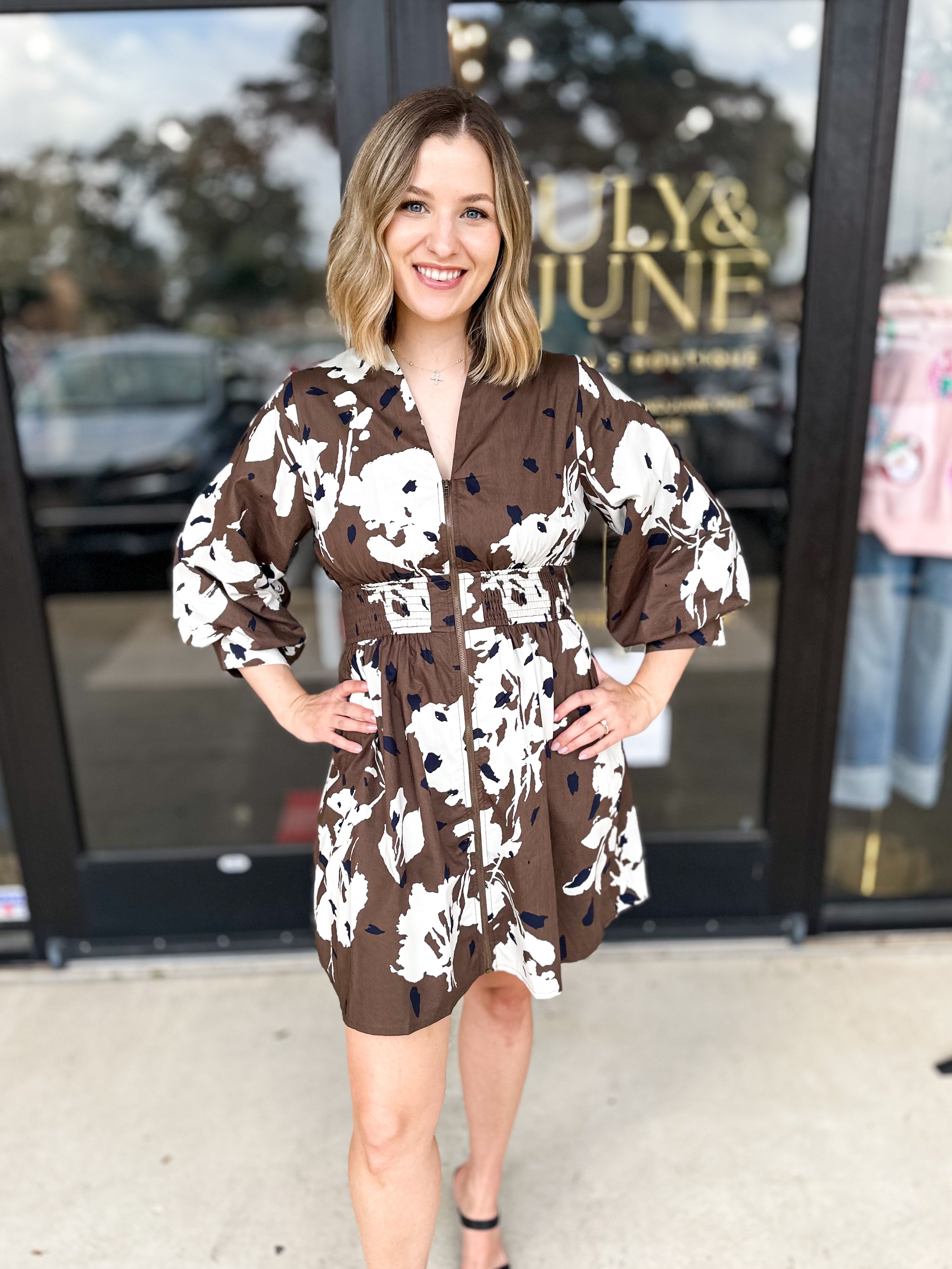 Mocha Floral Mini Dress-510 Mini-ENTRO-July & June Women's Fashion Boutique Located in San Antonio, Texas