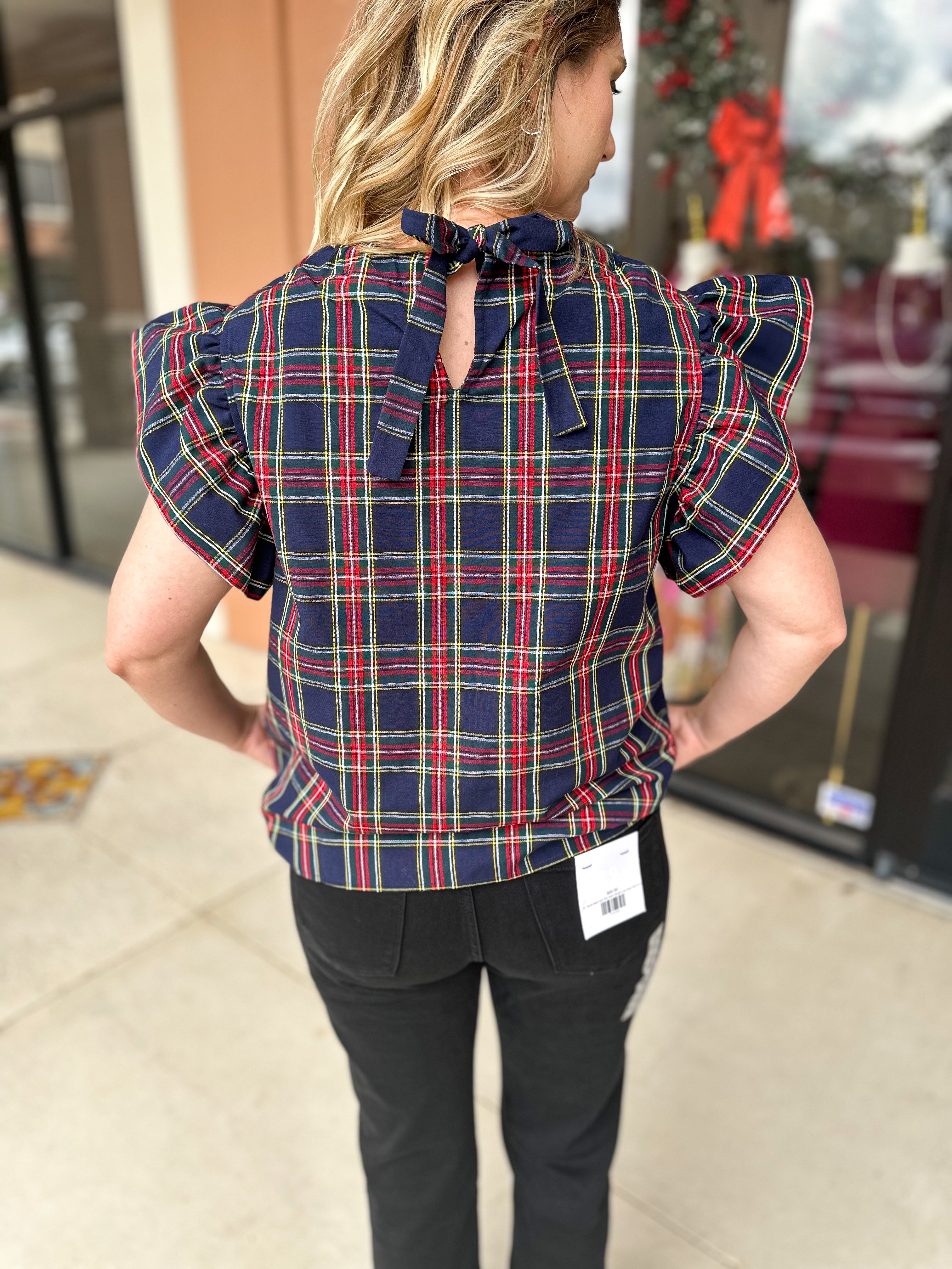 The Blair Ruffle Plaid Blouse - Navy-200 Fashion Blouses-ENTRO-July & June Women's Fashion Boutique Located in San Antonio, Texas