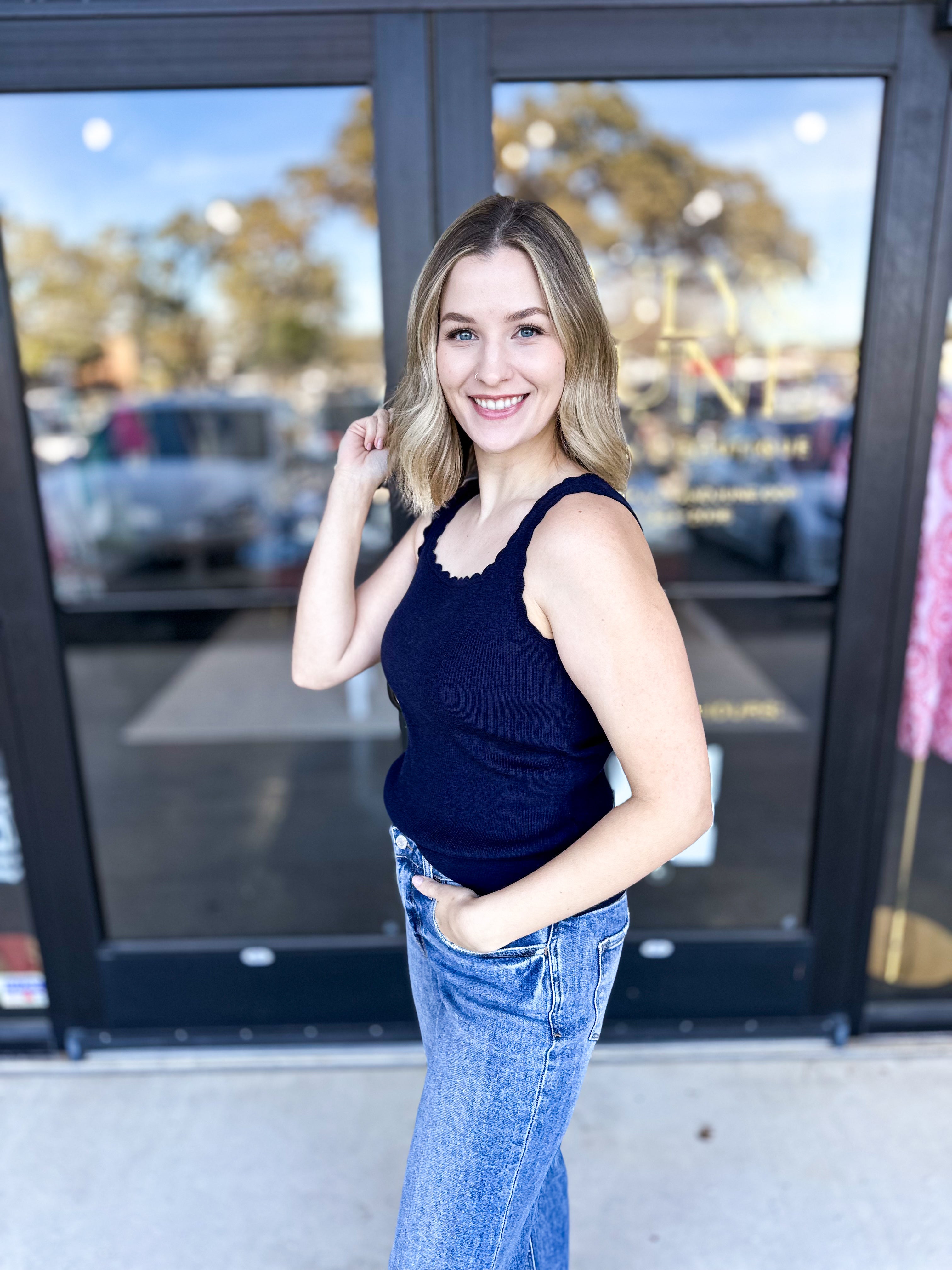 Scalloped Comfy Tank - Navy-210 Casual Blouses-SKIES ARE BLUE-July & June Women's Fashion Boutique Located in San Antonio, Texas