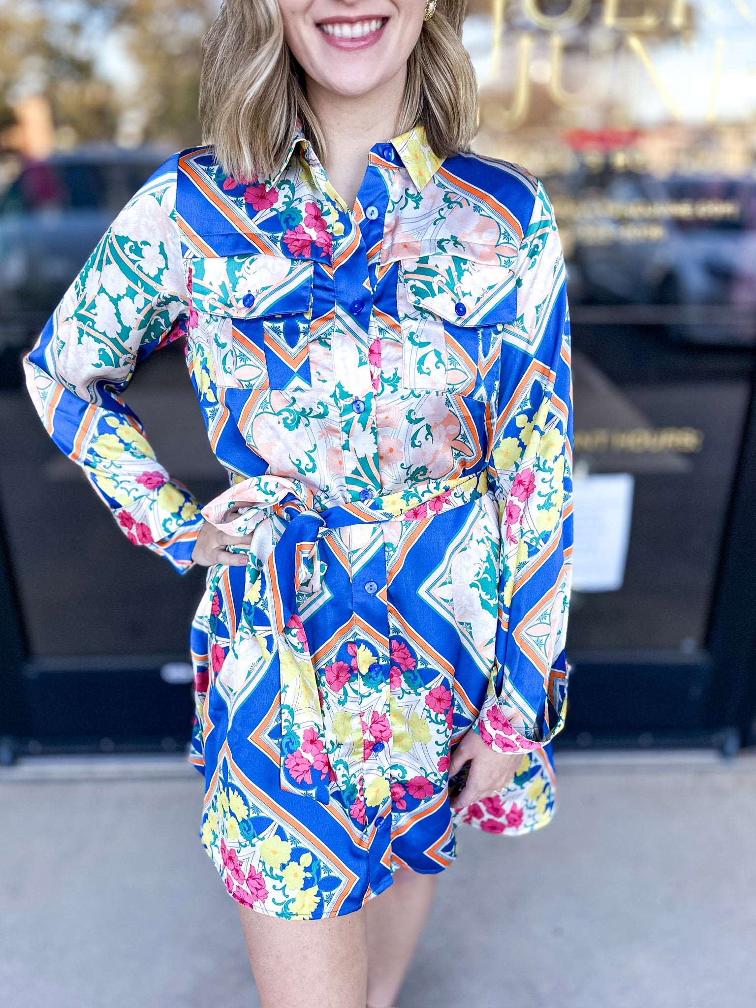 Royal Blue Scarf Print Mini Dress-510 Mini-FATE-July & June Women's Fashion Boutique Located in San Antonio, Texas