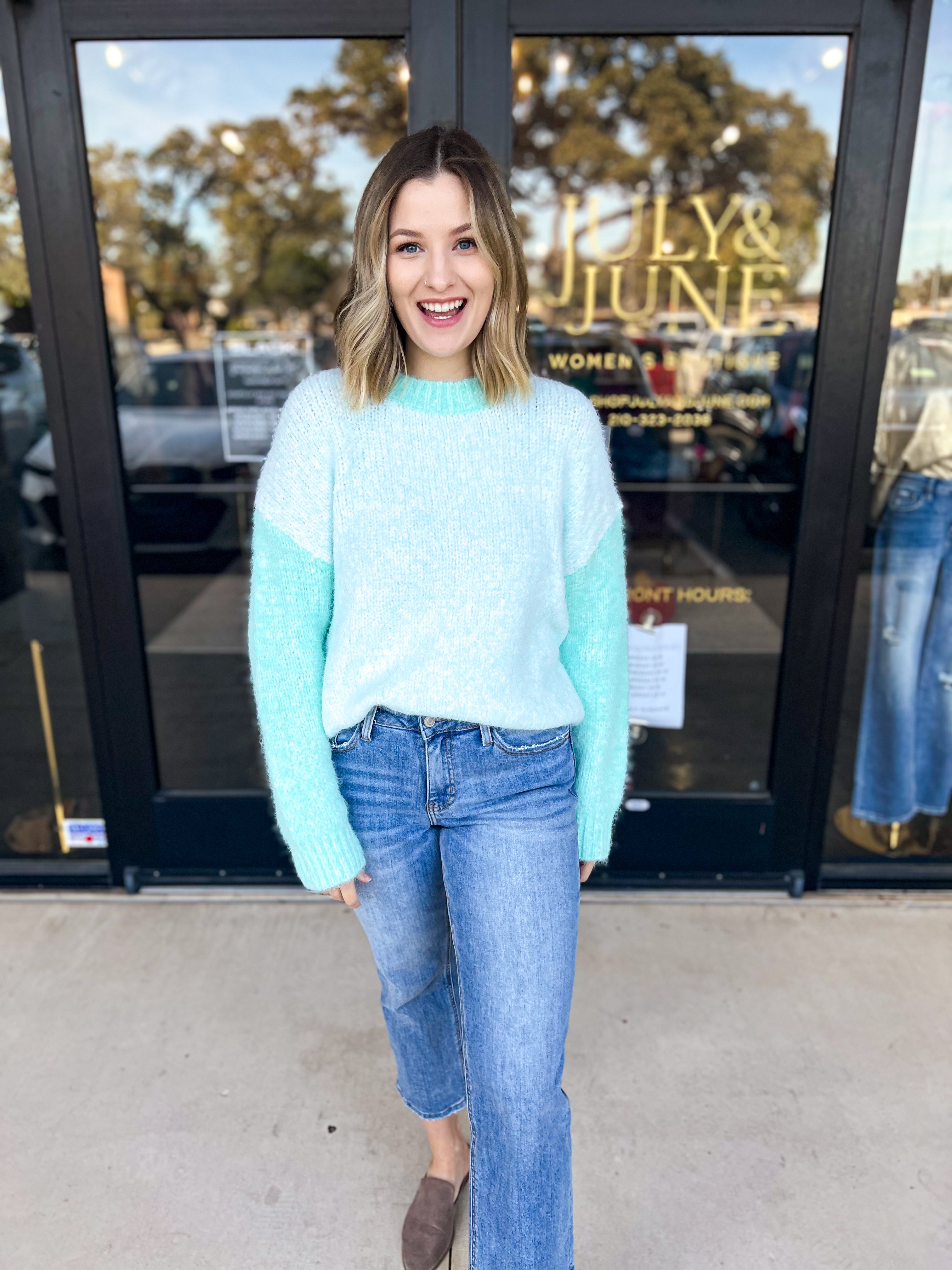 Contrast Blue Fuzzy Sweater Top-PINCH-July & June Women's Fashion Boutique Located in San Antonio, Texas