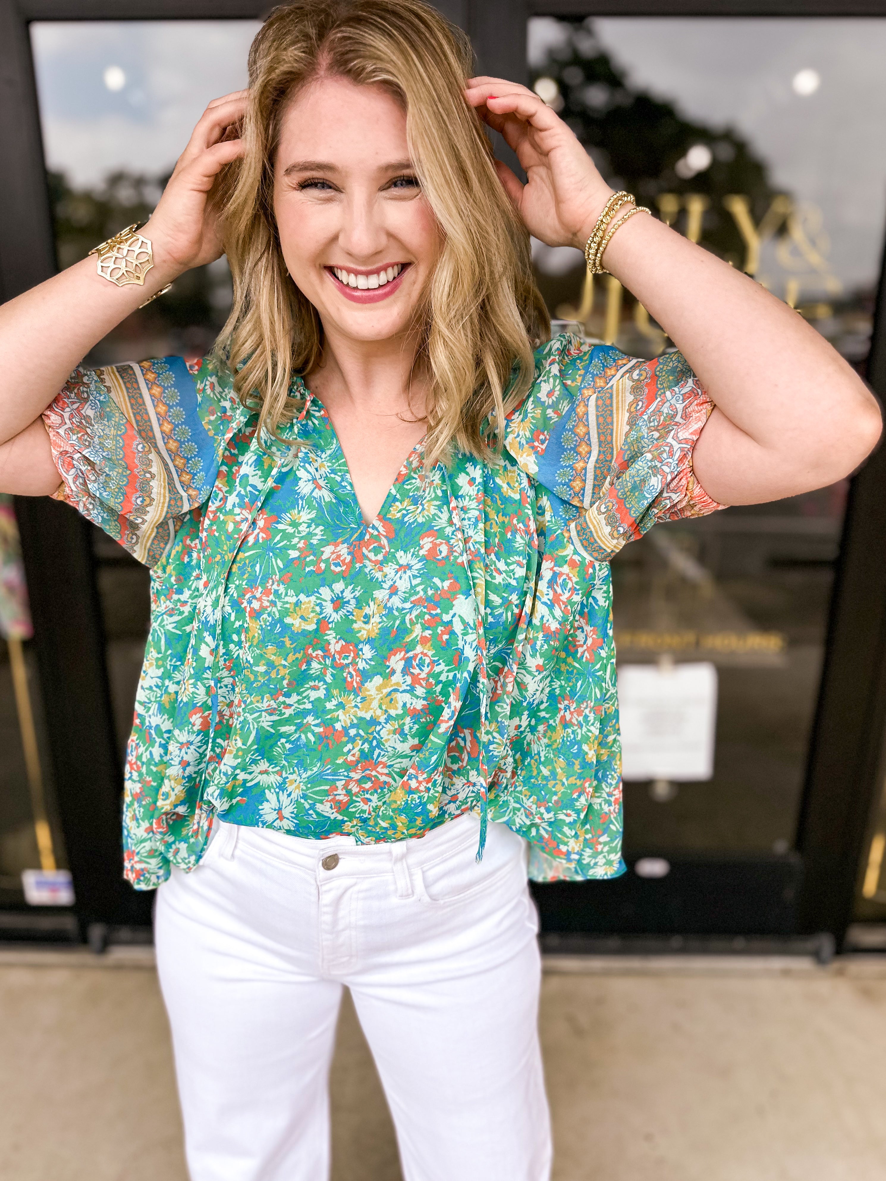 Current Air - Green Garden Floral Blouse-200 Fashion Blouses-CURRENT AIR CLOTHING-July & June Women's Fashion Boutique Located in San Antonio, Texas