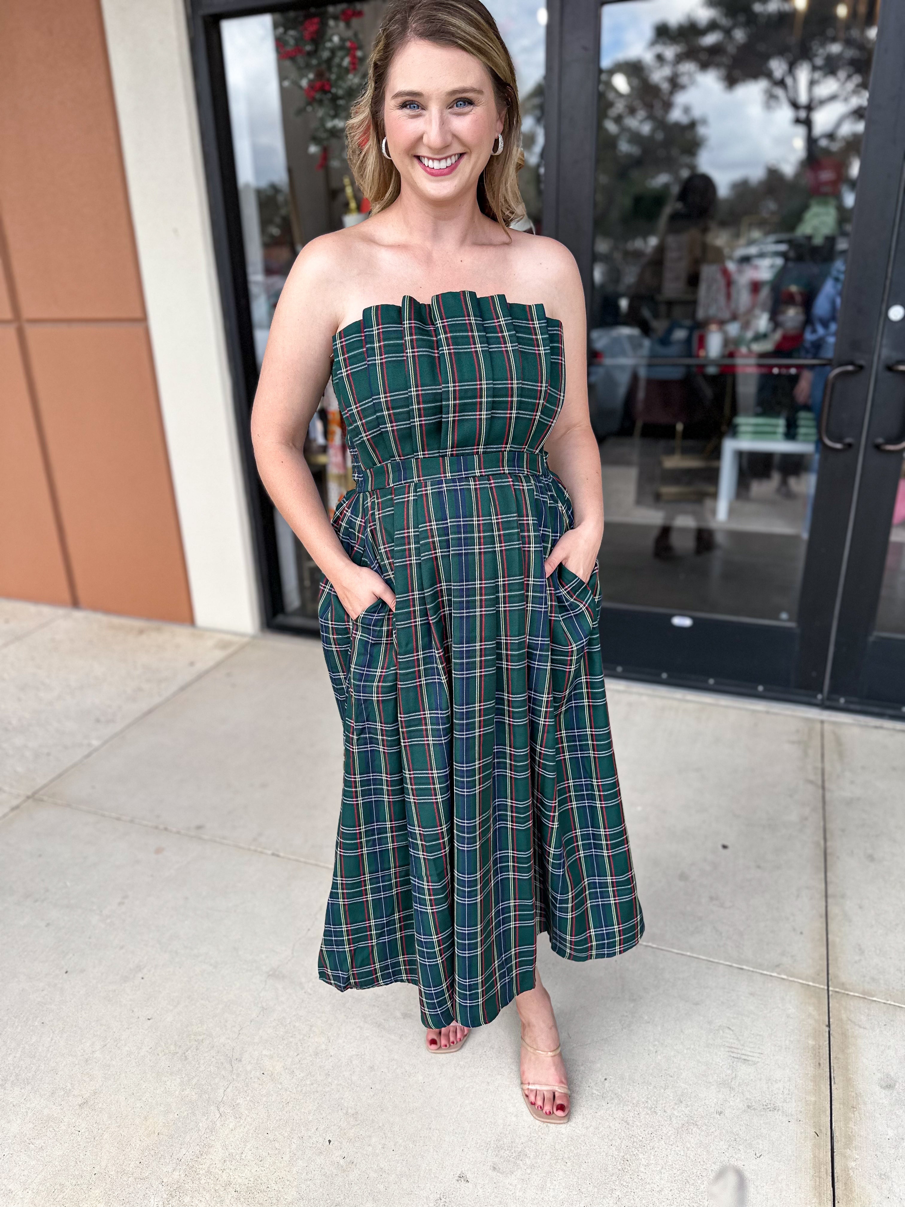 Festive Plaid Midi Dress - Green-500 Midi-ENTRO-July & June Women's Fashion Boutique Located in San Antonio, Texas