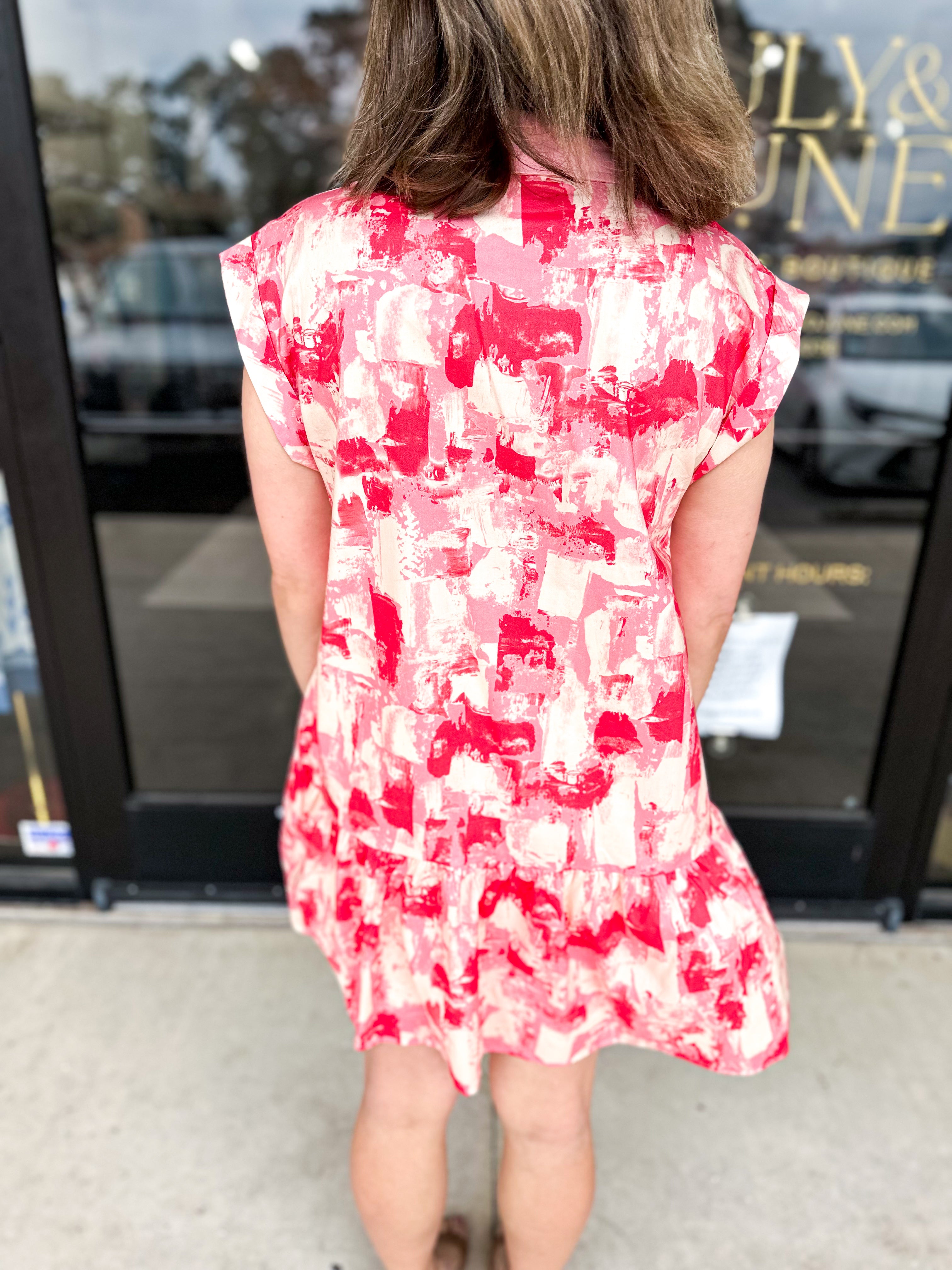 Watercolor Shift Dress - Pink & Red Combo-510 Mini-ENTRO-July & June Women's Fashion Boutique Located in San Antonio, Texas