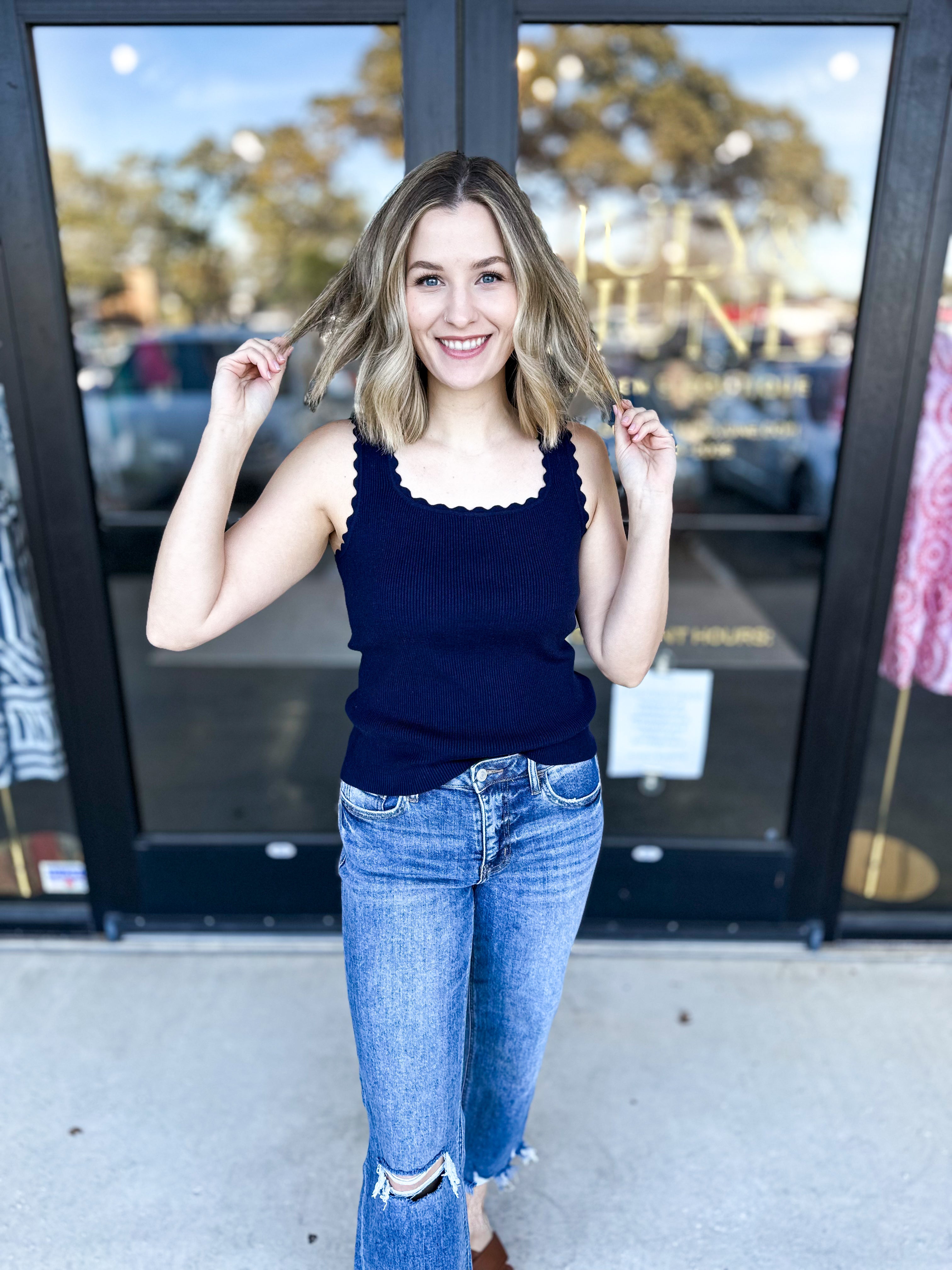 Scalloped Comfy Tank - Navy-210 Casual Blouses-SKIES ARE BLUE-July & June Women's Fashion Boutique Located in San Antonio, Texas