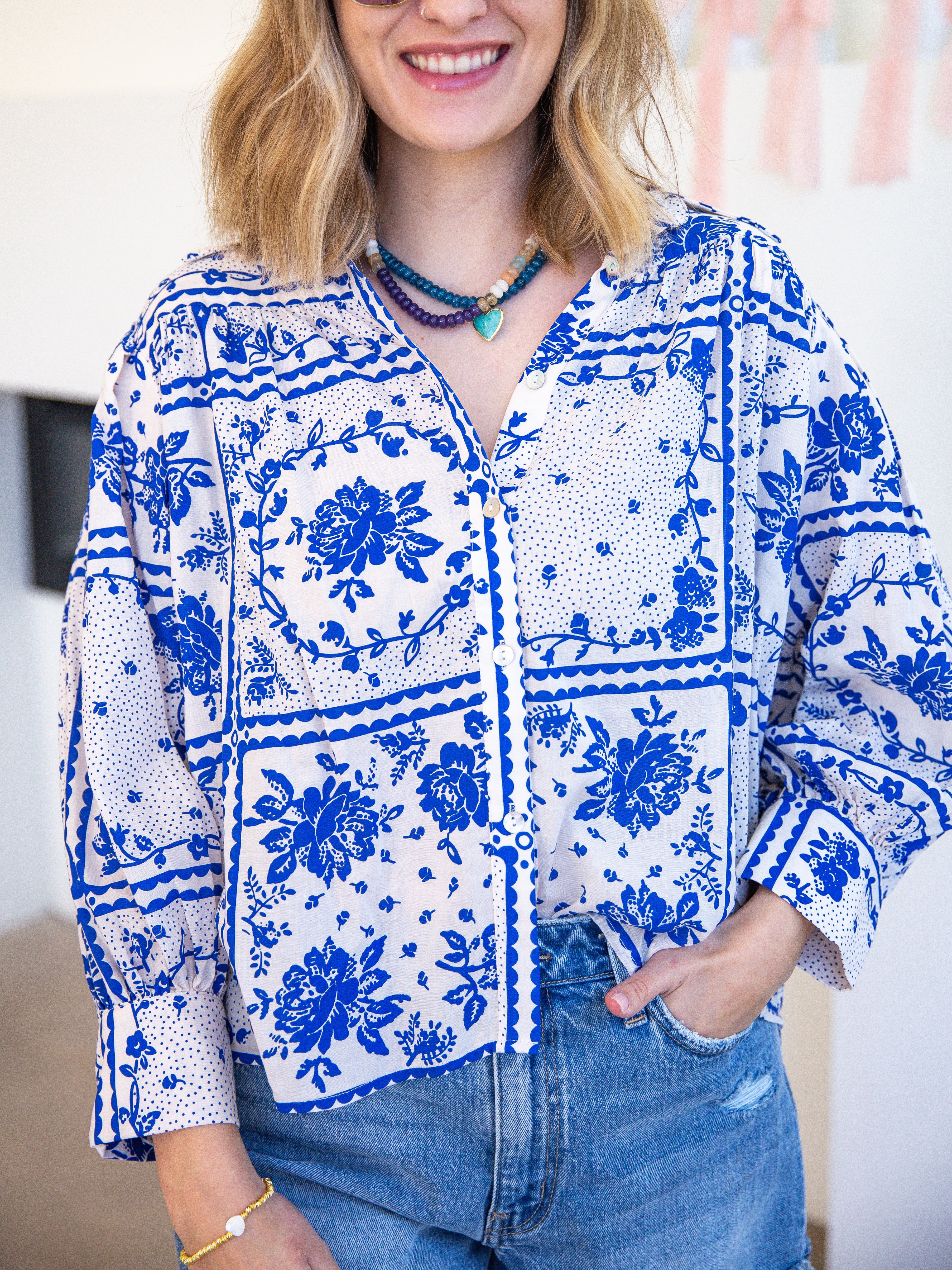 Coastal Blue Floral Button Down Blouse-200 Fashion Blouses-PINCH-July & June Women's Fashion Boutique Located in San Antonio, Texas