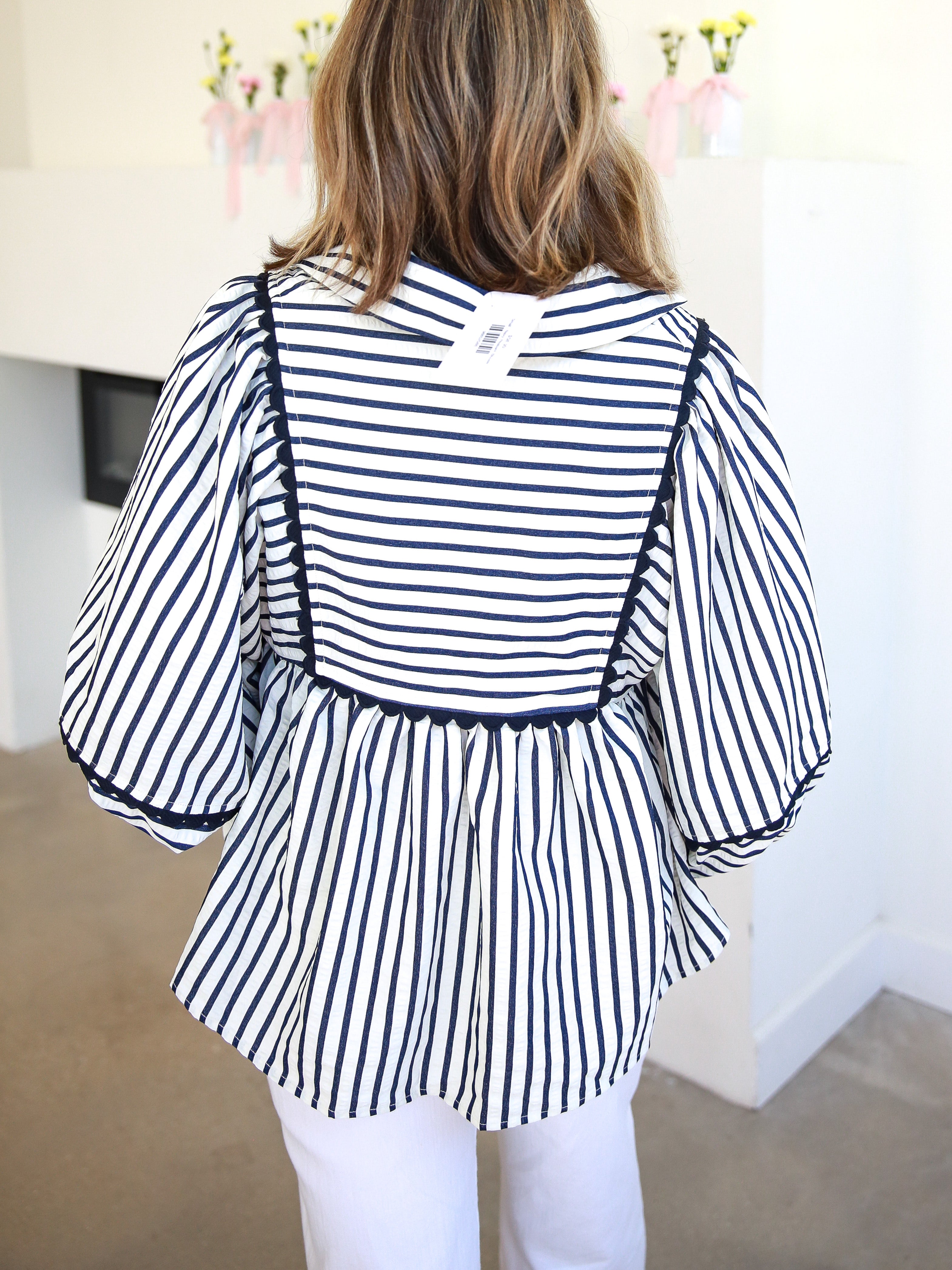 Navy Peasant Blouse-200 Fashion Blouses-ENTRO-July & June Women's Fashion Boutique Located in San Antonio, Texas