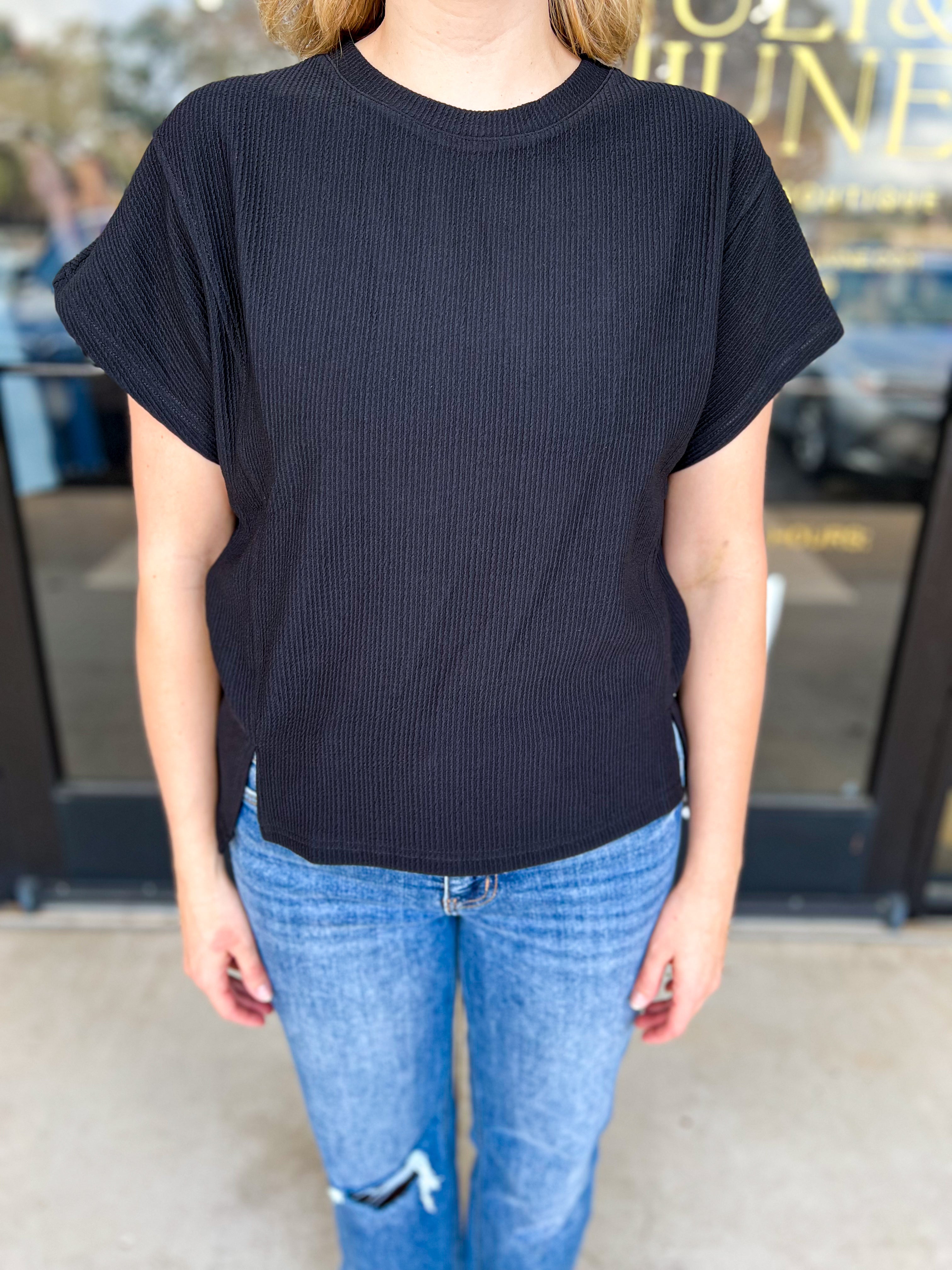 Comfy Black tee-210 Casual Blouses-ALLIE ROSE-July & June Women's Fashion Boutique Located in San Antonio, Texas