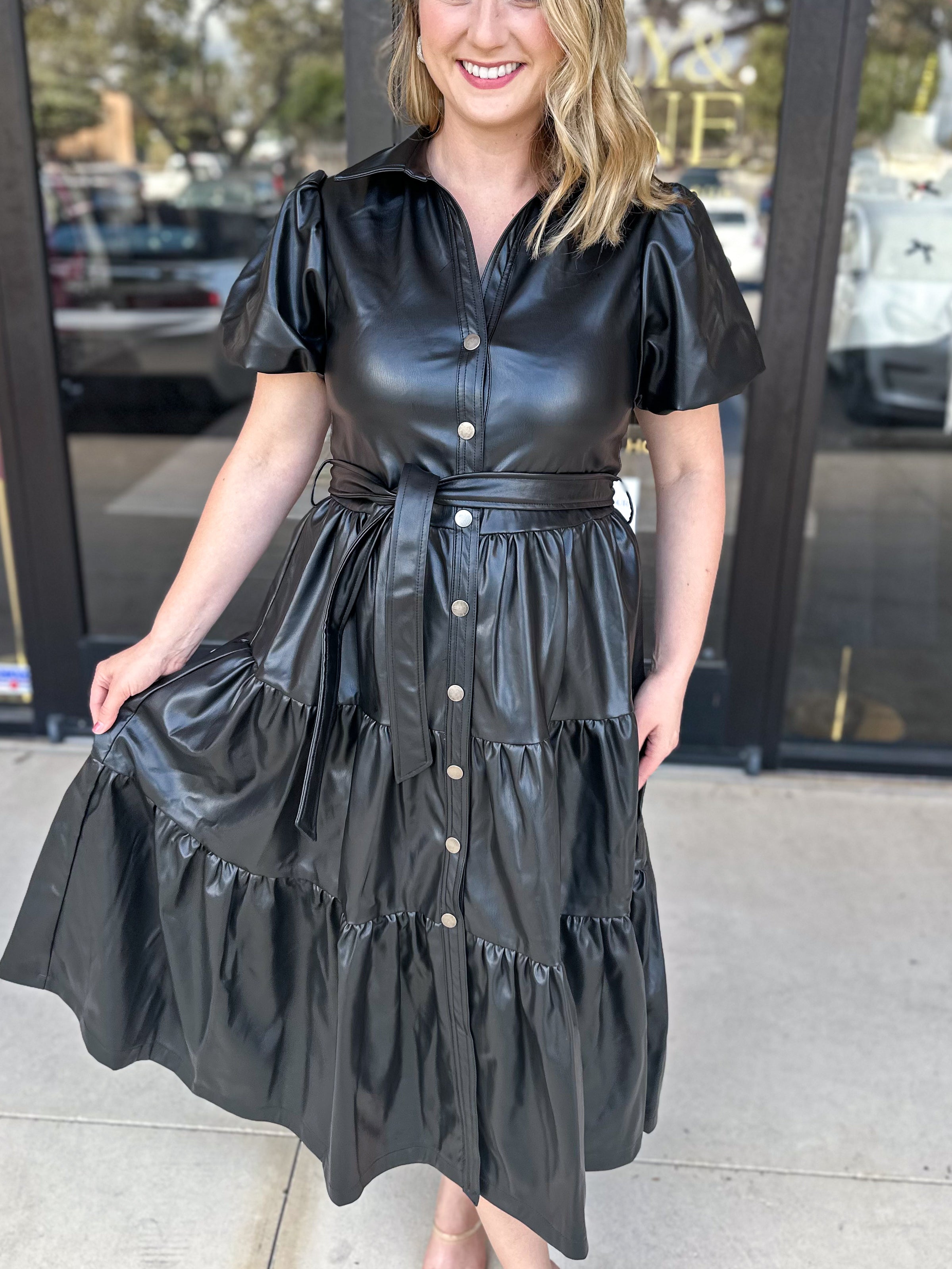 Faux Leather Tiered Midi Dress - Black-500 Midi-PINCH-July & June Women's Fashion Boutique Located in San Antonio, Texas