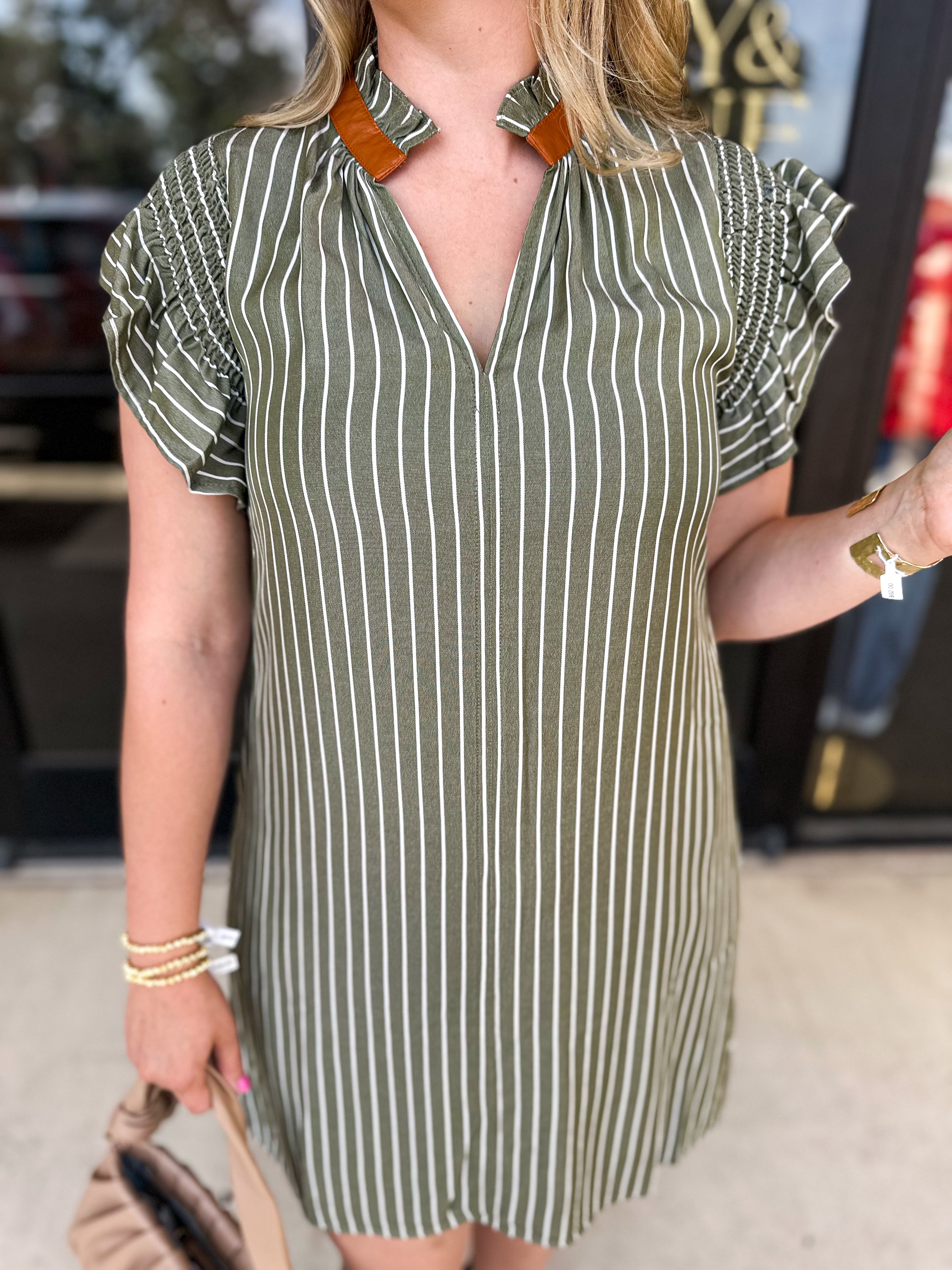 THML - Olive Stripe Flutter Sleeve Mini Dress-510 Mini-THML-July & June Women's Fashion Boutique Located in San Antonio, Texas