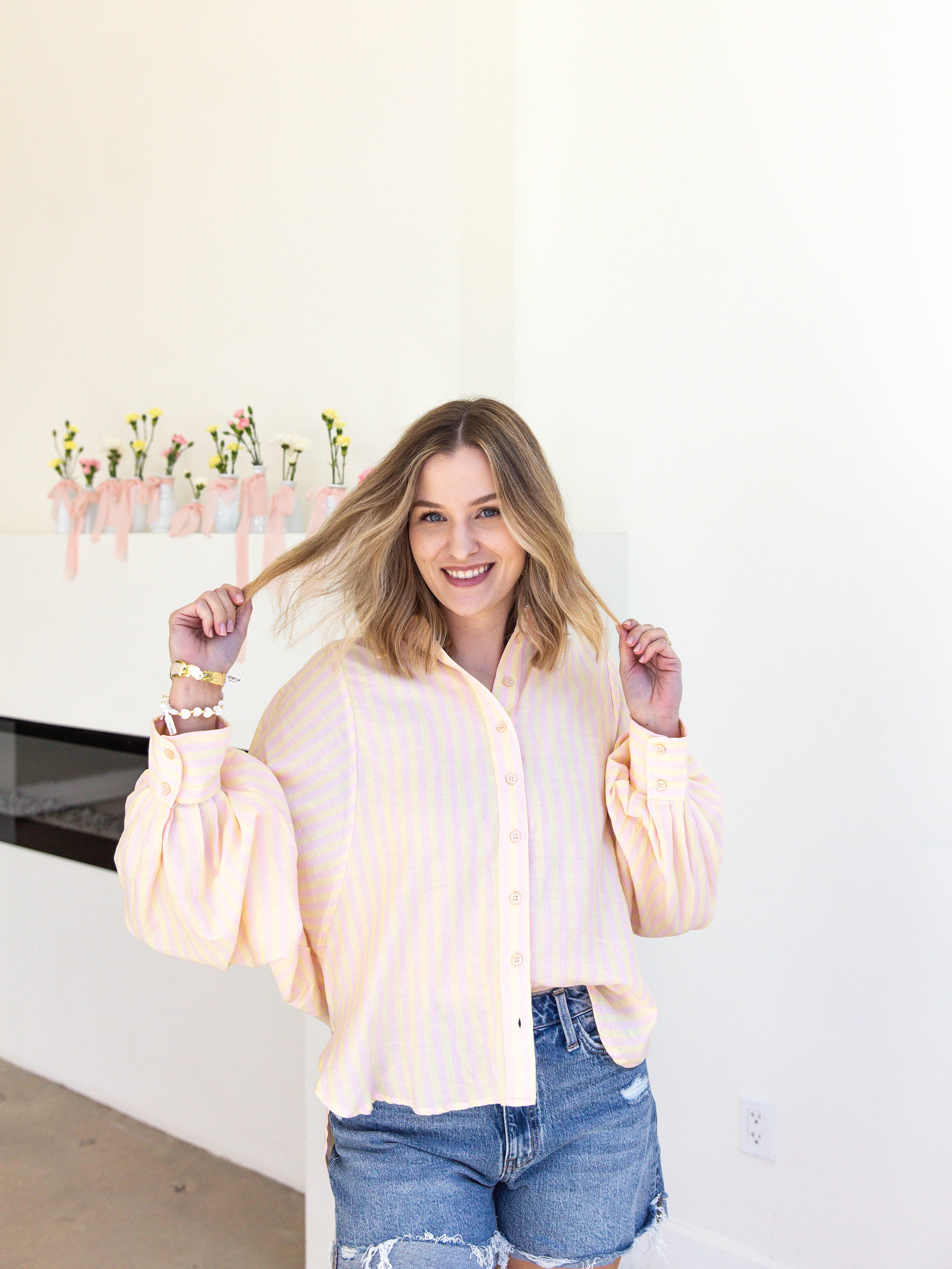 Pastel Stripe Button Down - Yellow Combo-200 Fashion Blouses-&MERCI-July & June Women's Fashion Boutique Located in San Antonio, Texas