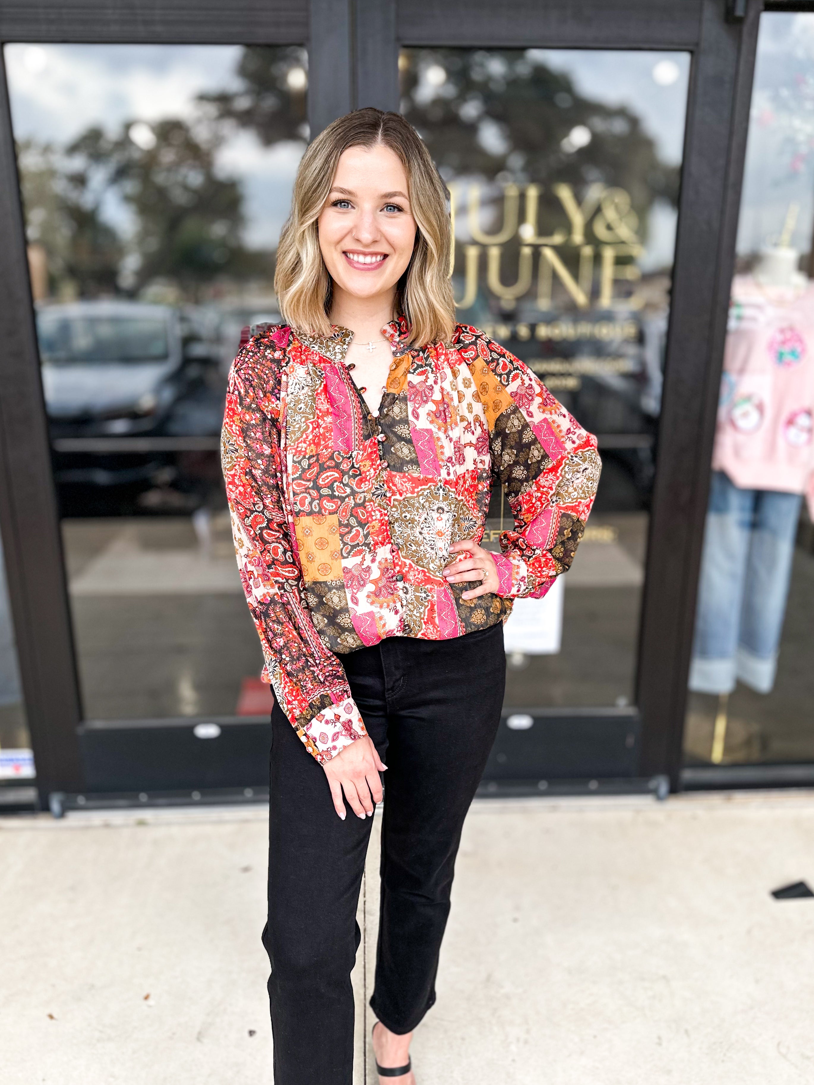 Pink Patchwork Blouse-200 Fashion Blouses-ENTRO-July & June Women's Fashion Boutique Located in San Antonio, Texas