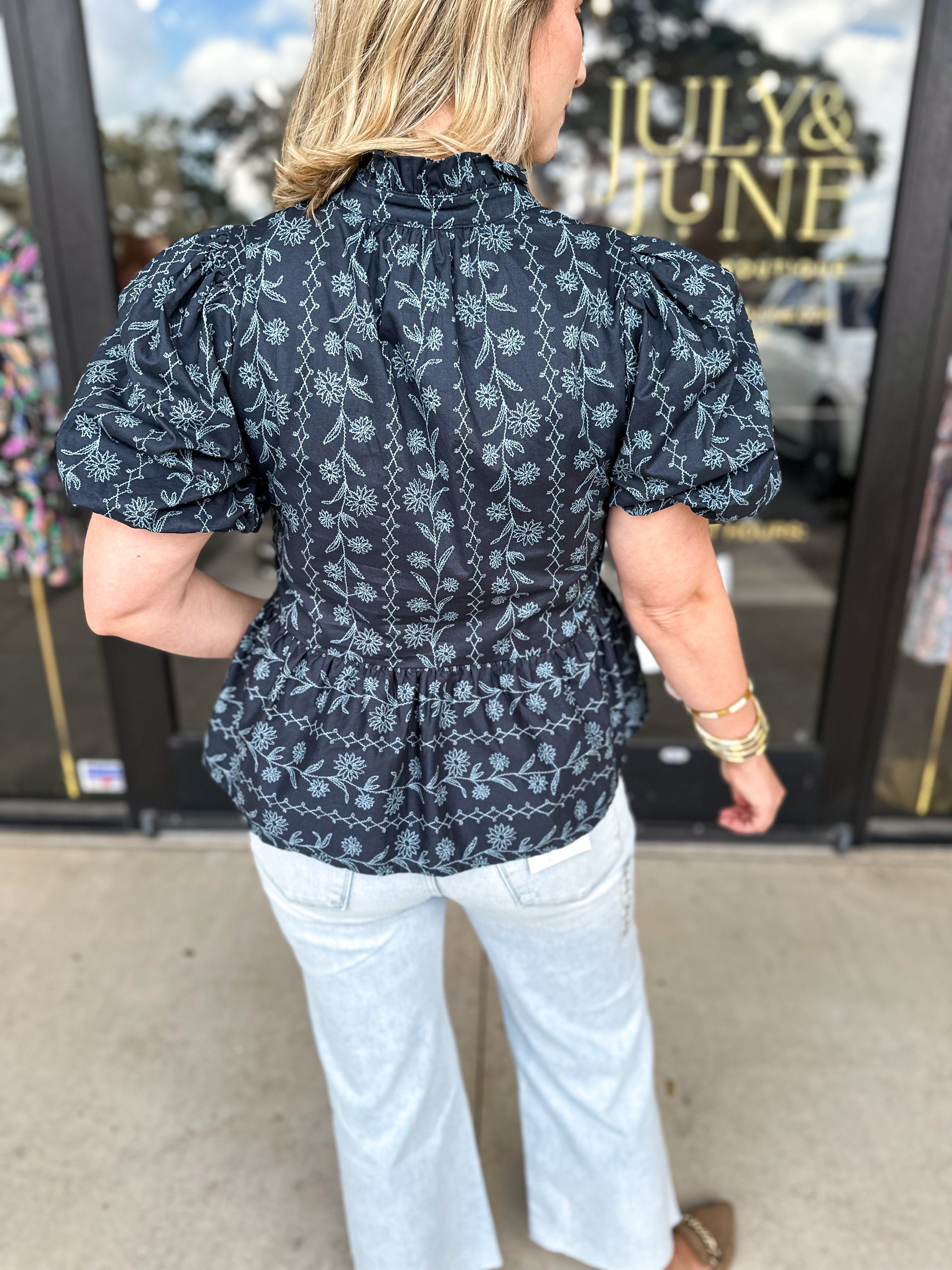 The Nora Navy Blouse-200 Fashion Blouses-ENTRO-July & June Women's Fashion Boutique Located in San Antonio, Texas