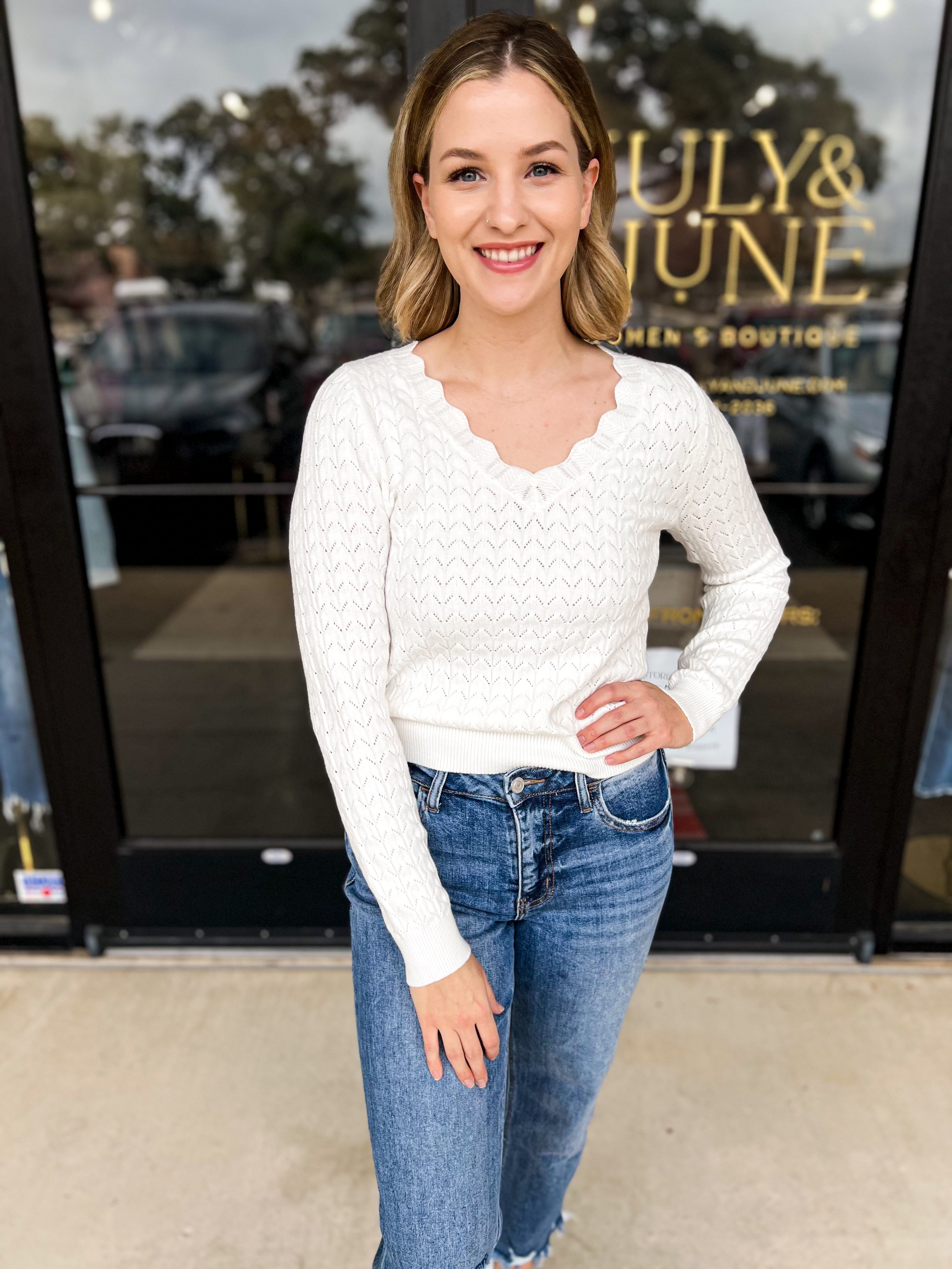 Cream Scalloped Lightweight Sweater Top-230 Sweaters/Cardis-ALLIE ROSE-July & June Women's Fashion Boutique Located in San Antonio, Texas