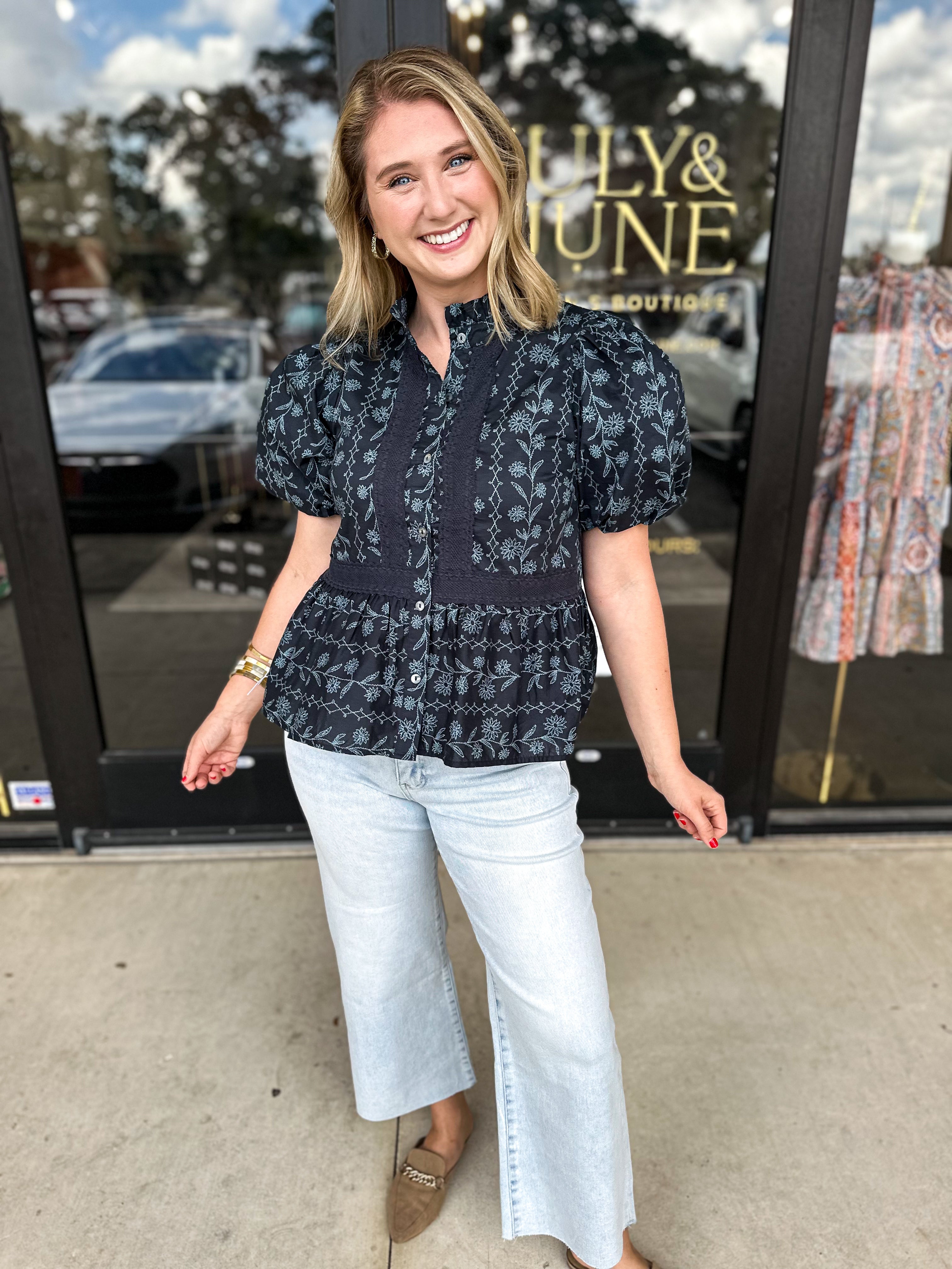 The Nora Navy Blouse-200 Fashion Blouses-ENTRO-July & June Women's Fashion Boutique Located in San Antonio, Texas