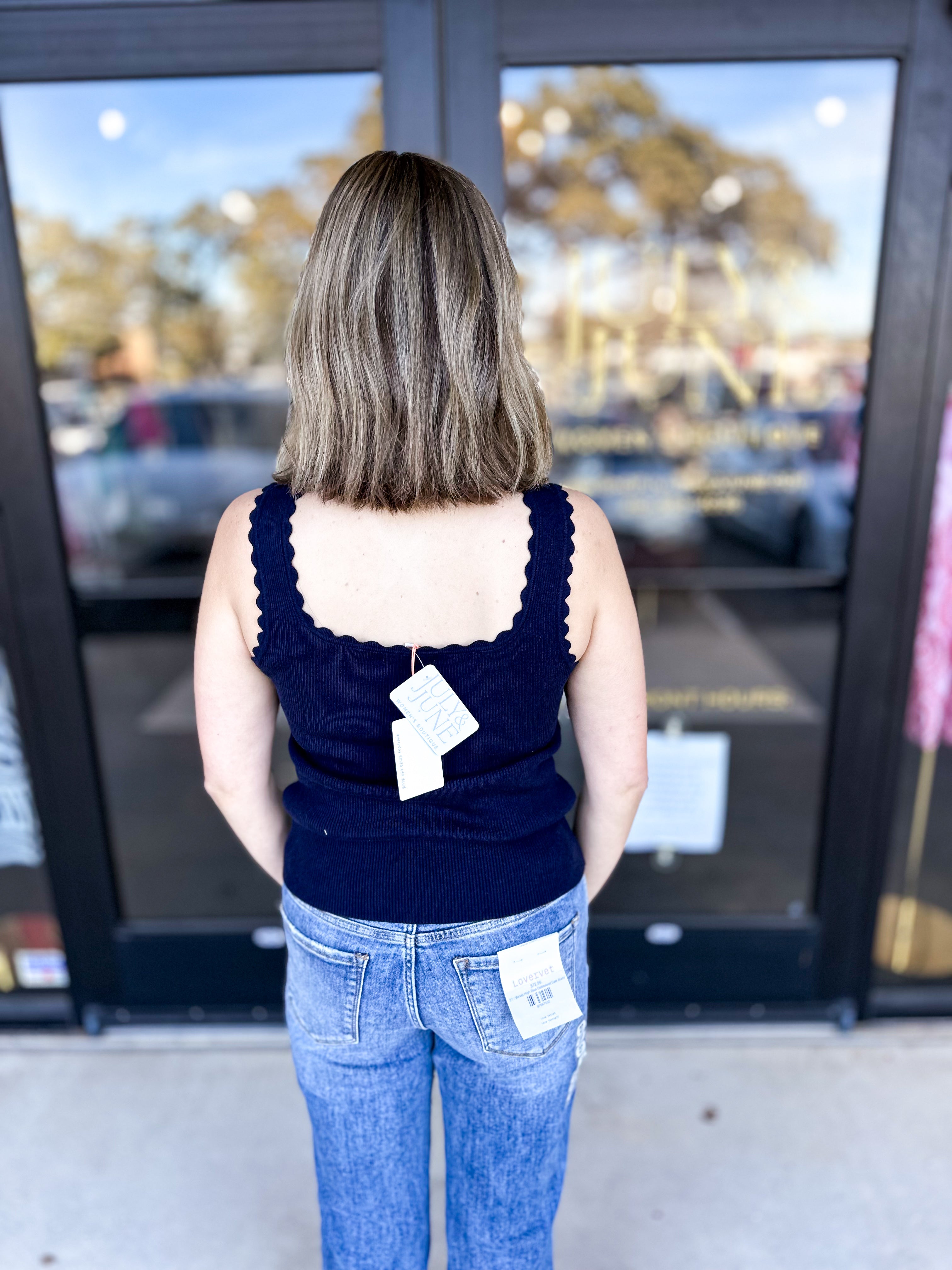 Scalloped Comfy Tank - Navy-210 Casual Blouses-SKIES ARE BLUE-July & June Women's Fashion Boutique Located in San Antonio, Texas