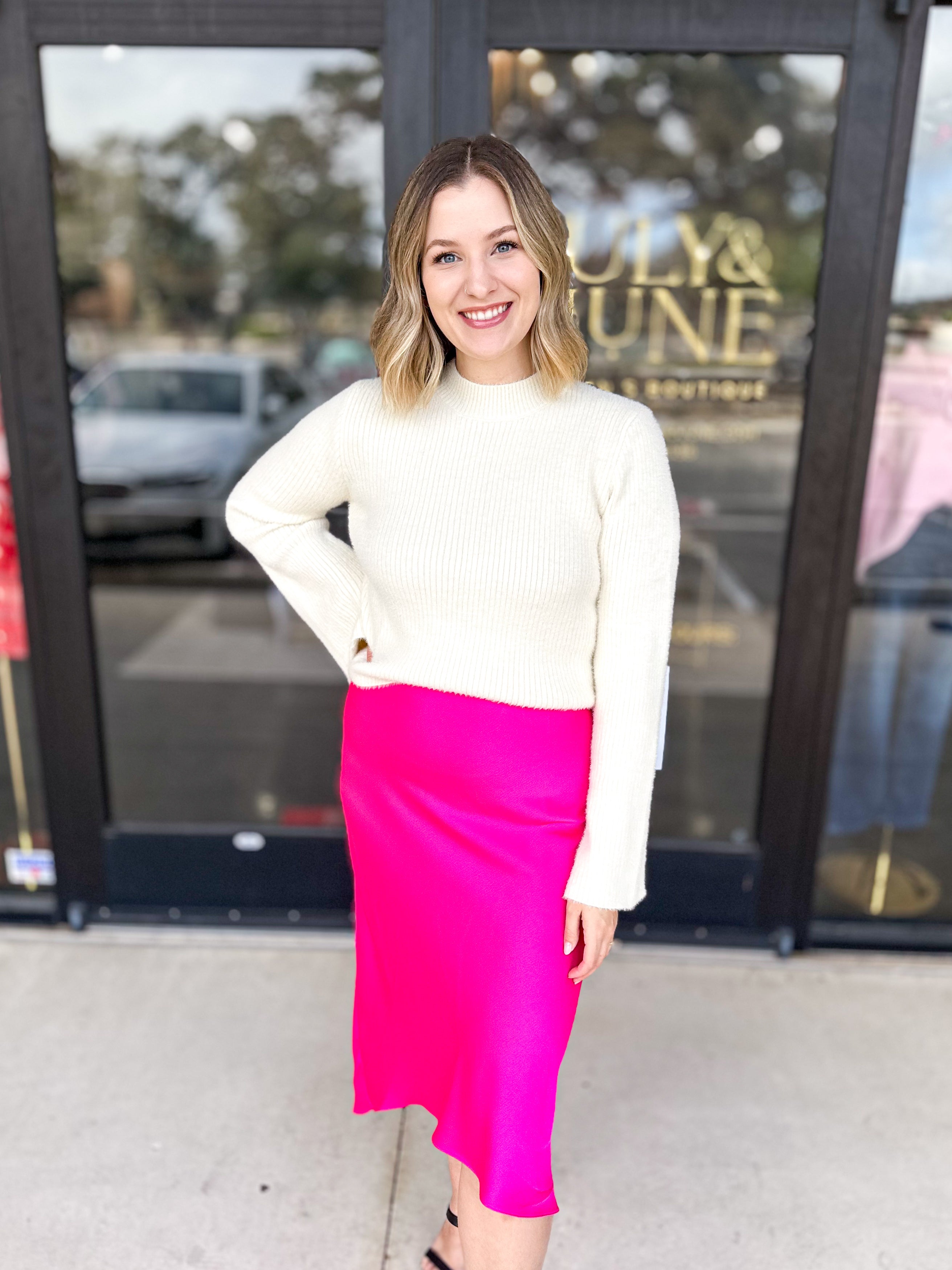 Satin Midi Skirt - Pink - PINK FRIDAY DOORBUSTER - ONLINE-PINK FRIDAY DOORBUSTERS-SKIES ARE BLUE-July & June Women's Fashion Boutique Located in San Antonio, Texas