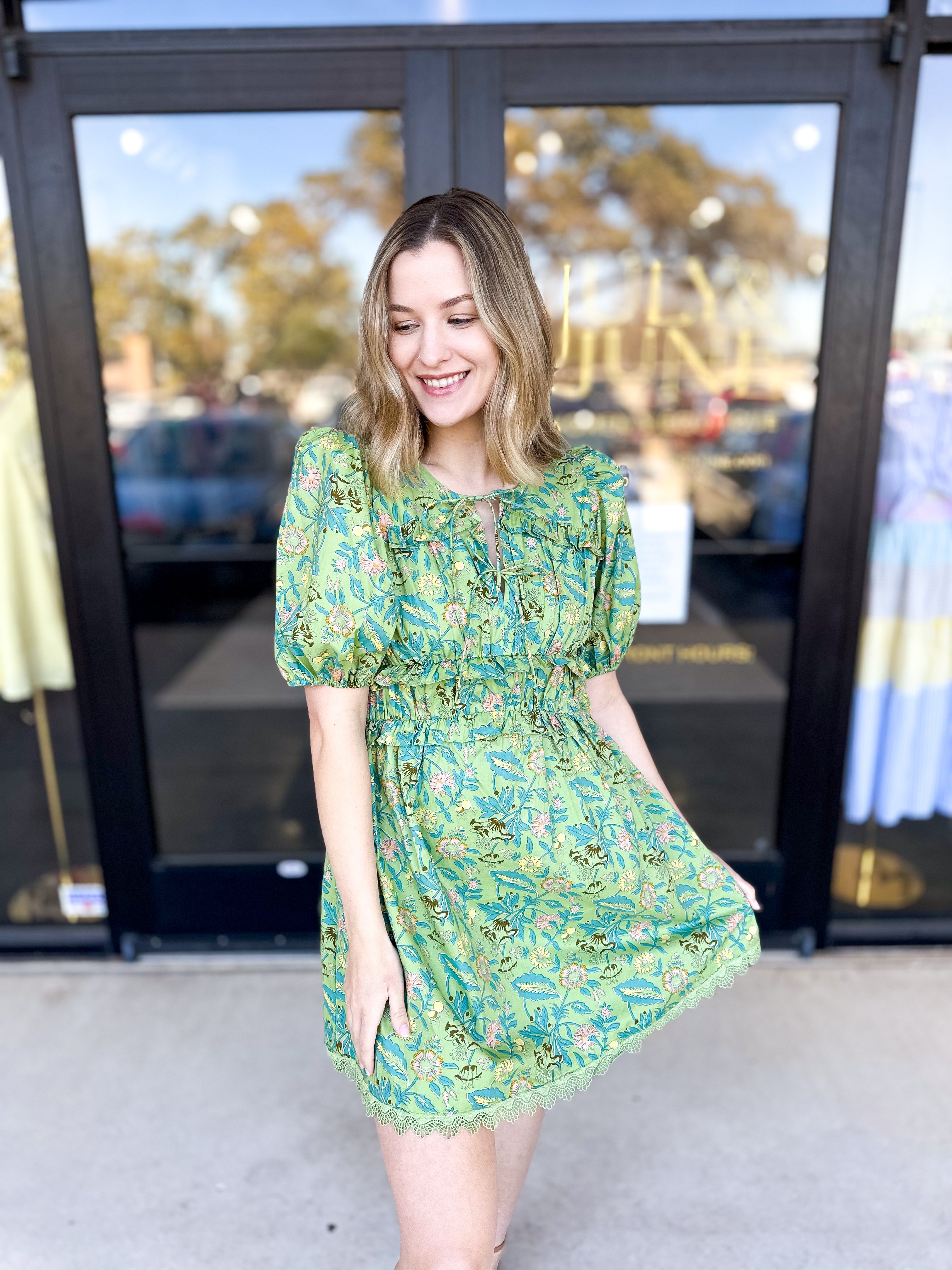 Sage Floral Mini Dress-510 Mini-&MERCI-July & June Women's Fashion Boutique Located in San Antonio, Texas