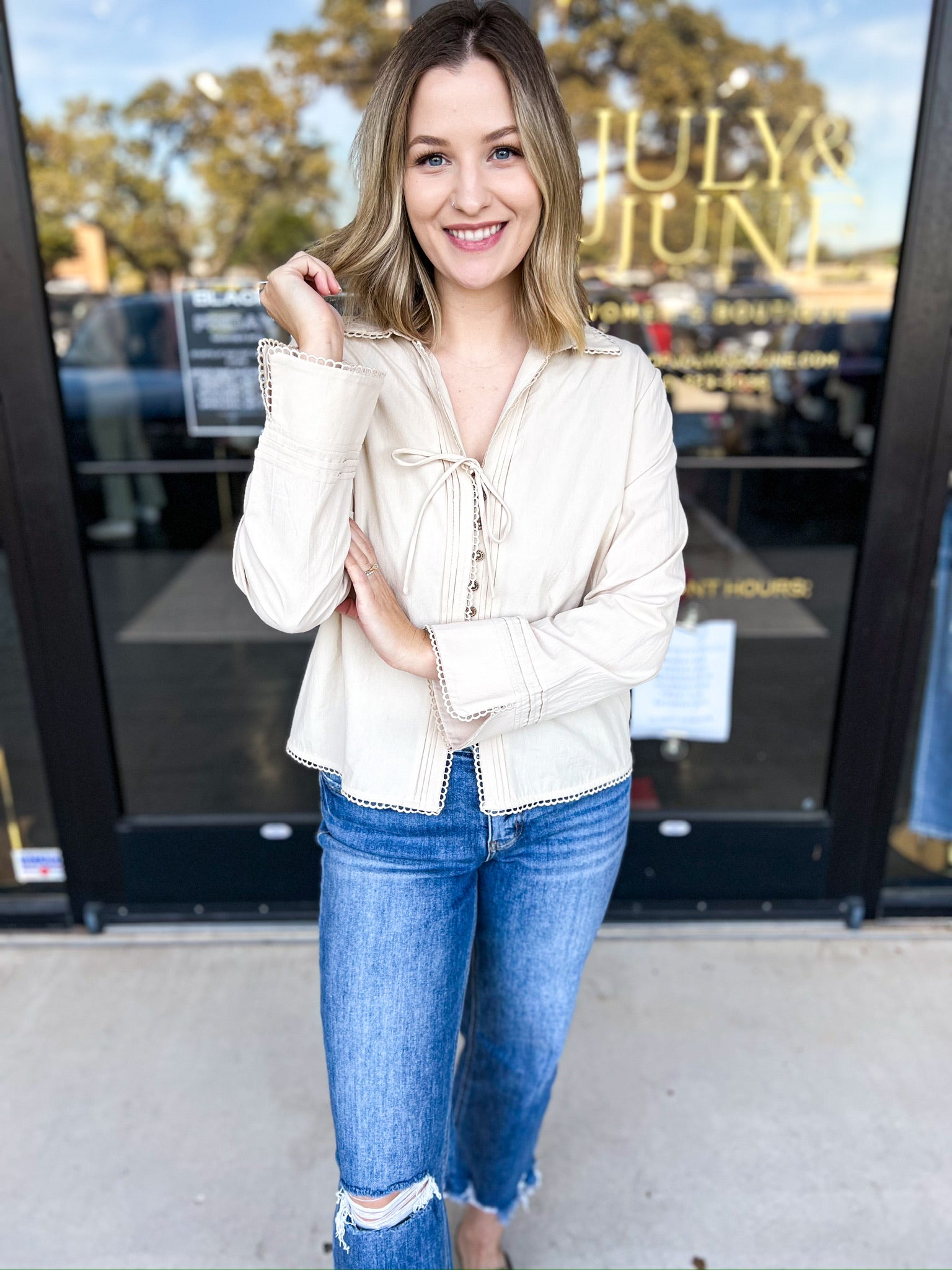 Cream Crochet Blouse-200 Fashion Blouses-ABLE-July & June Women's Fashion Boutique Located in San Antonio, Texas