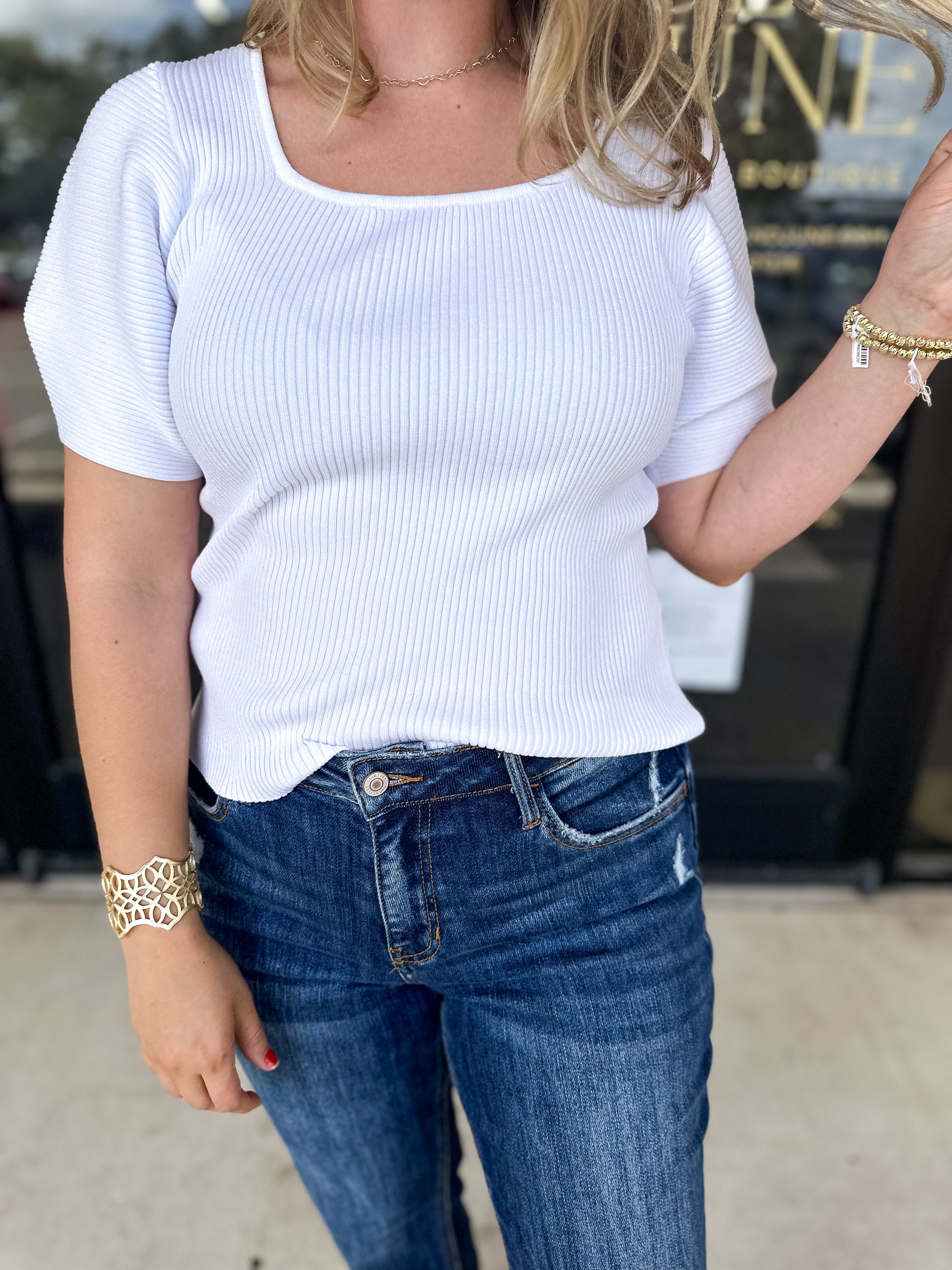 Ribbed Square Neck Top - Ivory-200 Fashion Blouses-JODIFL-July & June Women's Fashion Boutique Located in San Antonio, Texas