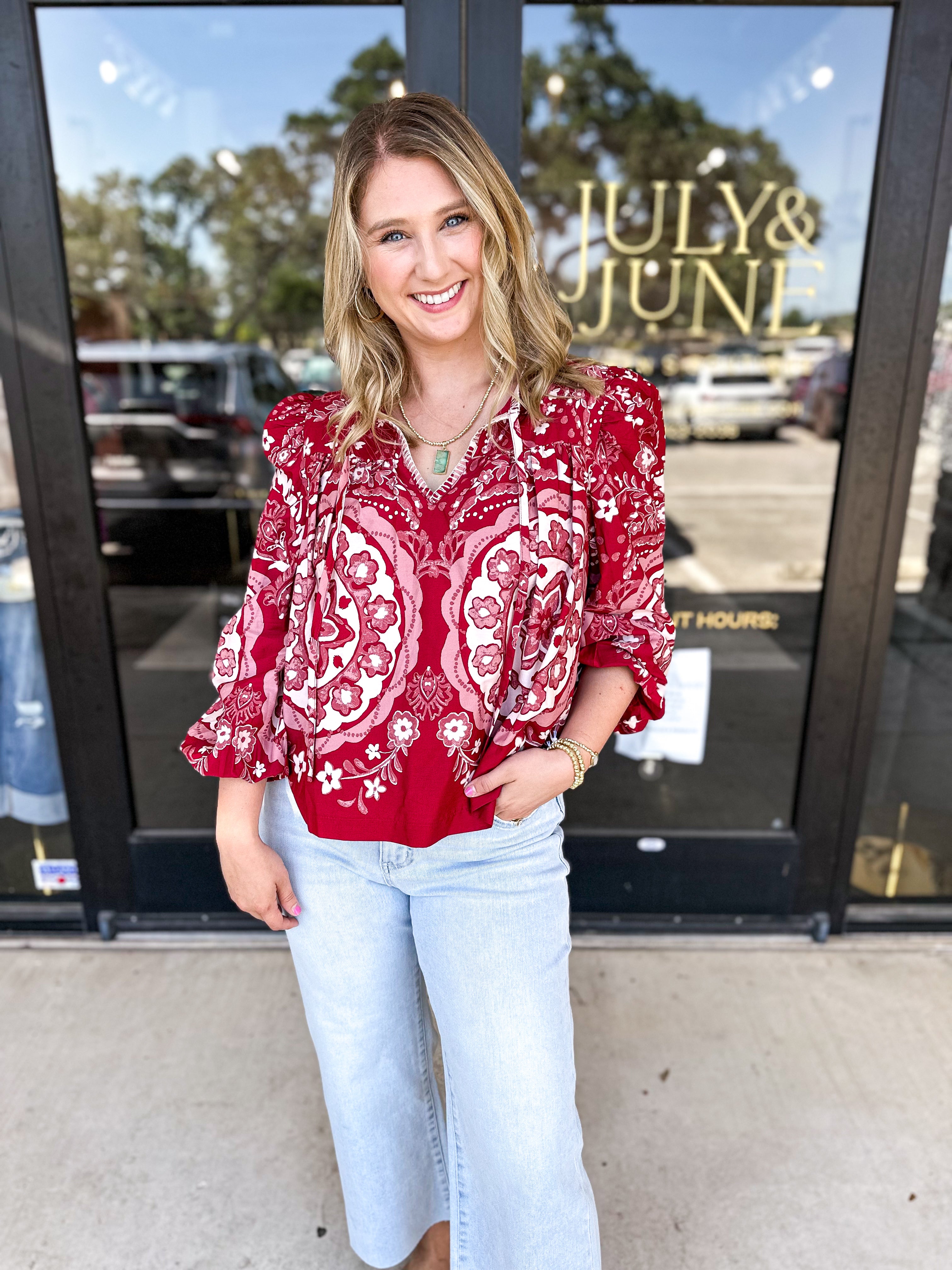 Wine Medallion Blouse-200 Fashion Blouses-&MERCI-July & June Women's Fashion Boutique Located in San Antonio, Texas