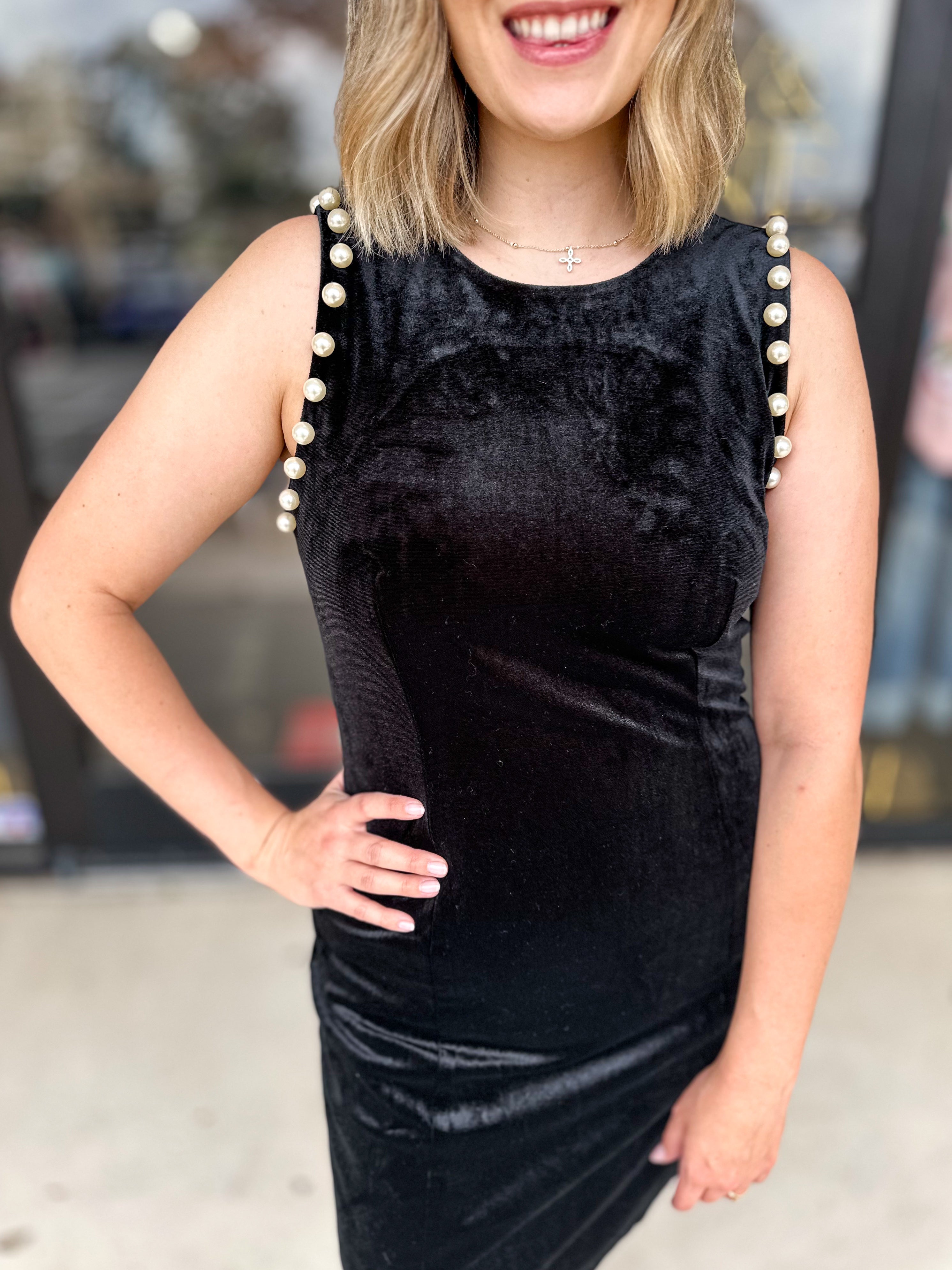 Black Velvet & Pearl Mini Dress-510 Mini-ENTRO-July & June Women's Fashion Boutique Located in San Antonio, Texas