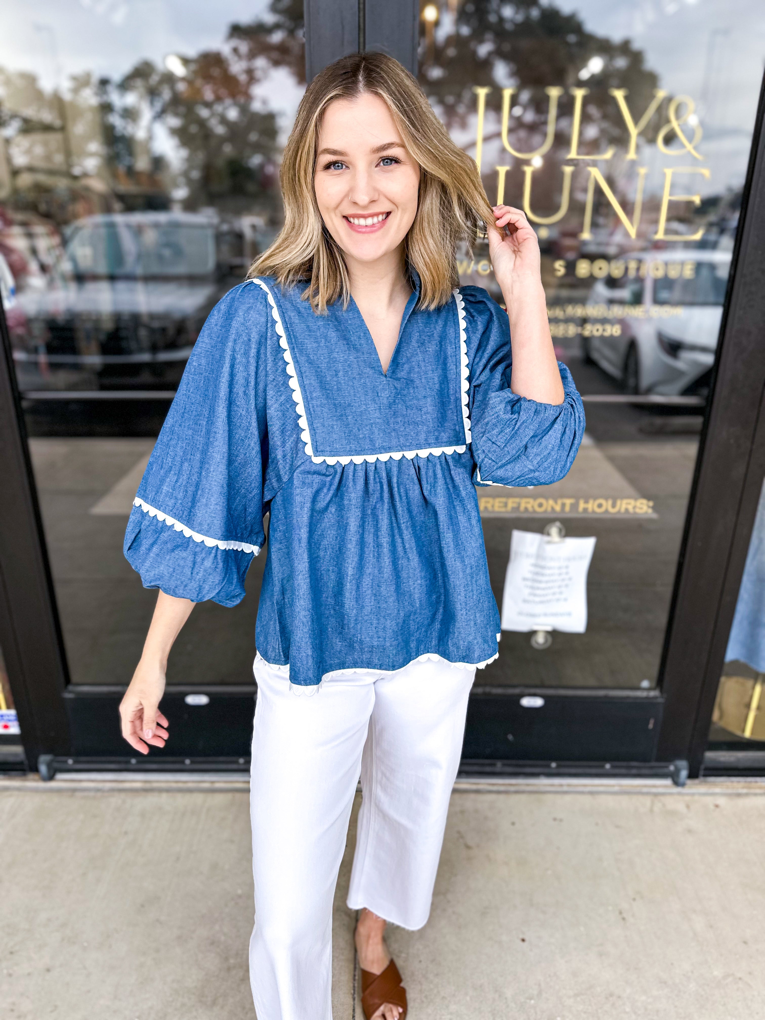 Denim Daze Blouse-200 Fashion Blouses-ENTRO-July & June Women's Fashion Boutique Located in San Antonio, Texas