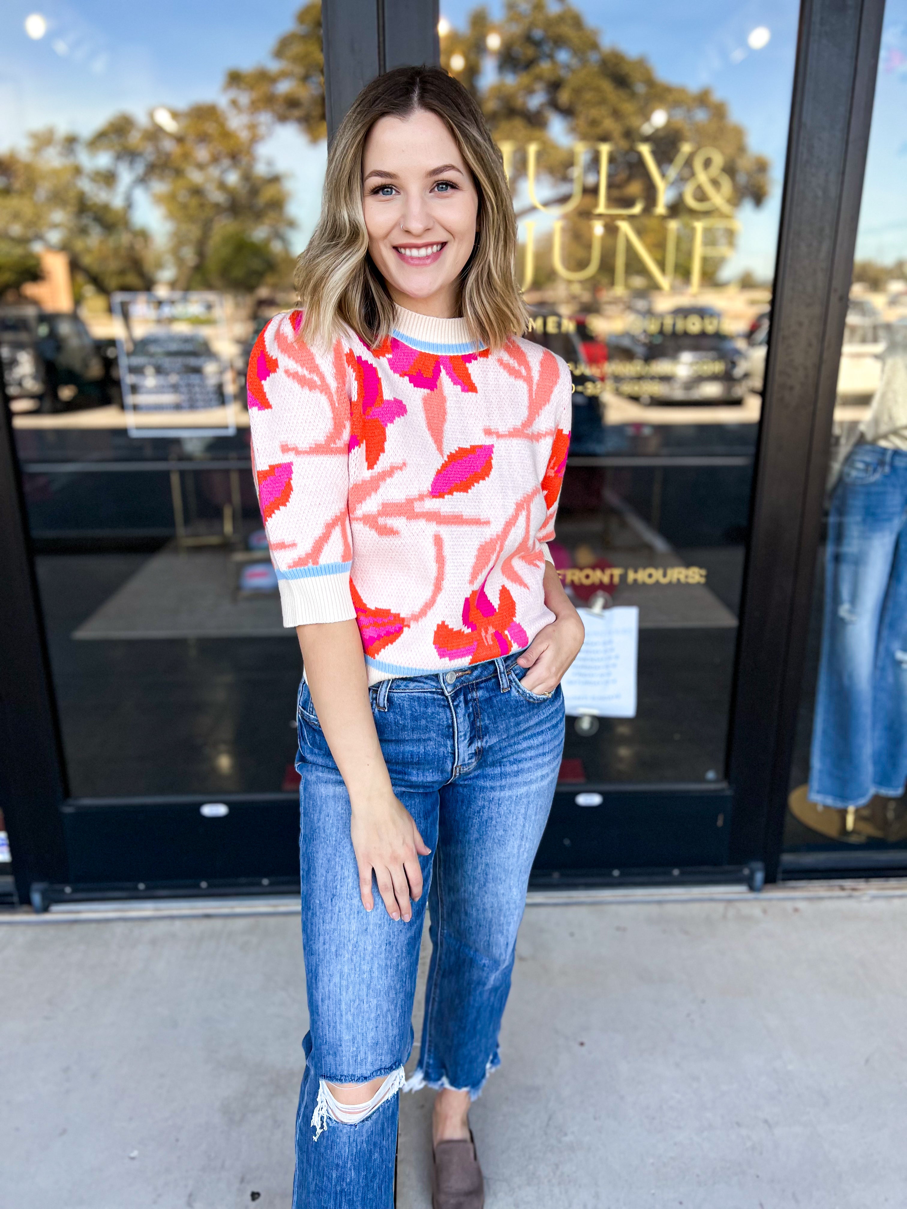 THML - Floral Fun Short Sleeve Sweater Top-230 Sweaters/Cardis-THML-July & June Women's Fashion Boutique Located in San Antonio, Texas