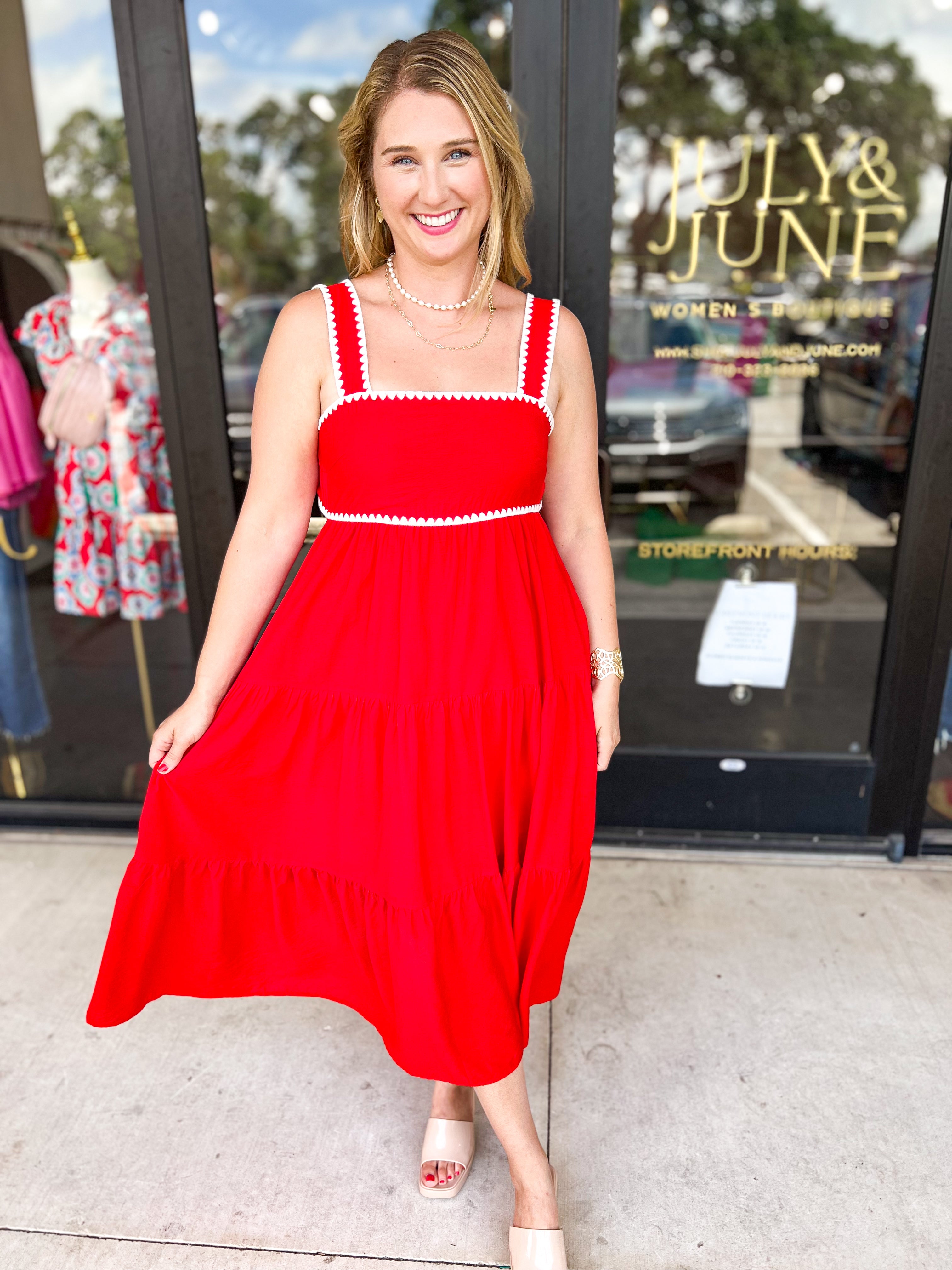 Red & Crochet Detail Midi Dress-500 Midi-ENTRO-July & June Women's Fashion Boutique Located in San Antonio, Texas