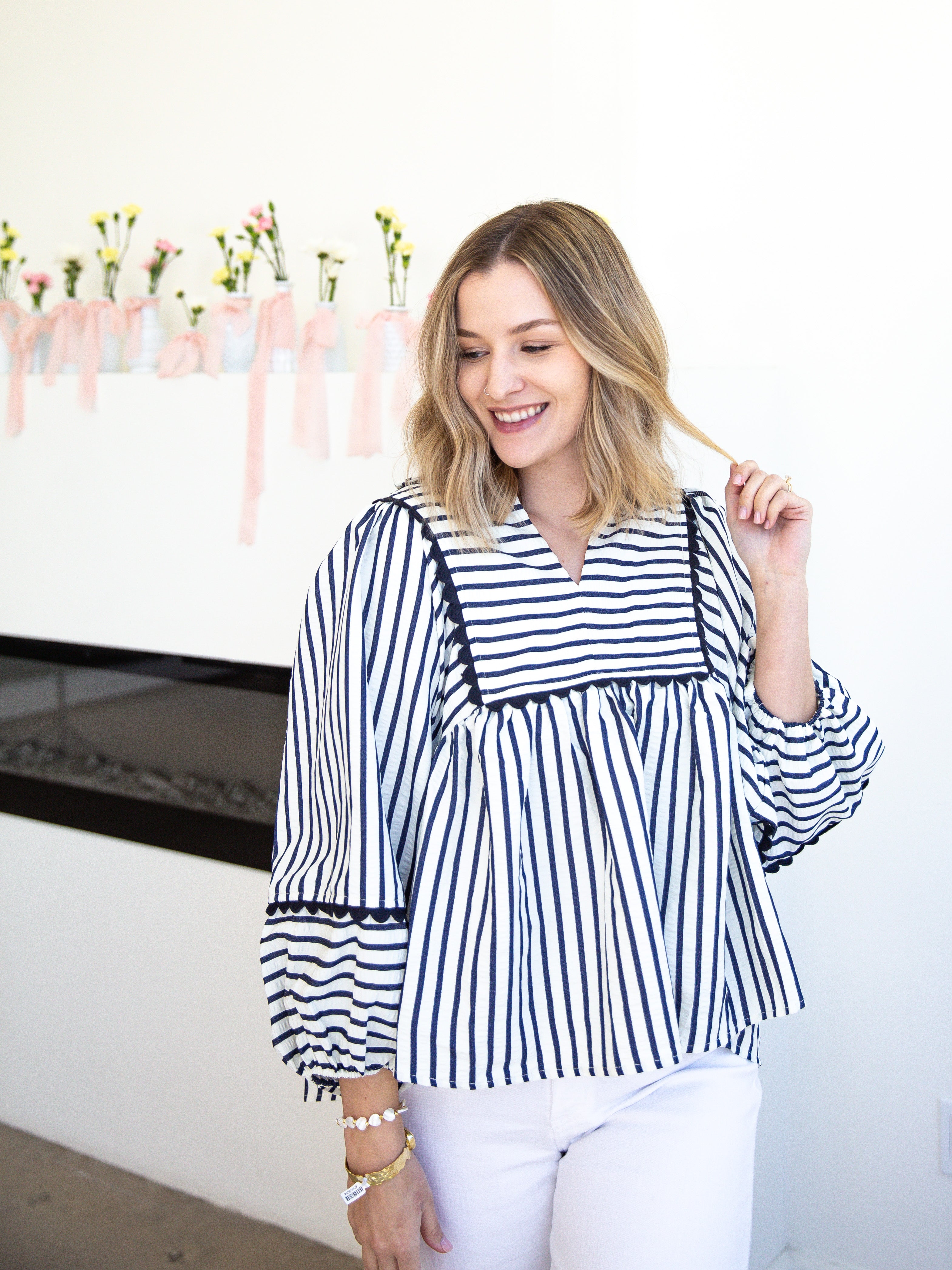 Navy Peasant Blouse-200 Fashion Blouses-ENTRO-July & June Women's Fashion Boutique Located in San Antonio, Texas